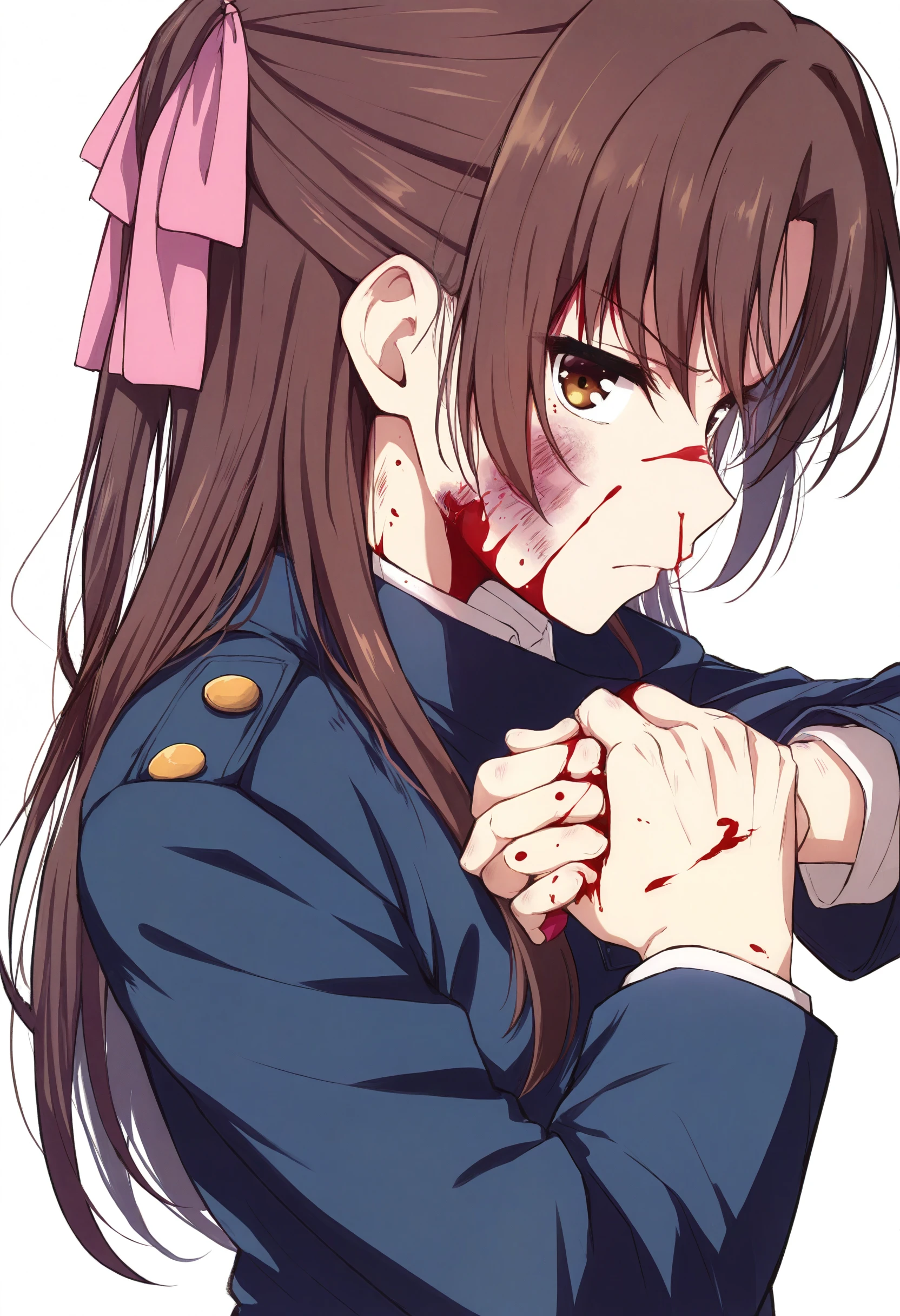 highres,absurdres,masterpiece,best quality,<lora:MeMaxV3TypeC_ill:1>,1girl,blood,blue jacket,brown eyes,brown hair,bruise,bruise on face,closed mouth,cracking knuckles,fist in hand,from side,frown,hair ribbon,hands up,injury,jacket,long hair,nosebleed,pink ribbon,profile,ribbon,serious,solo,upper body,white background,looking at viewer,