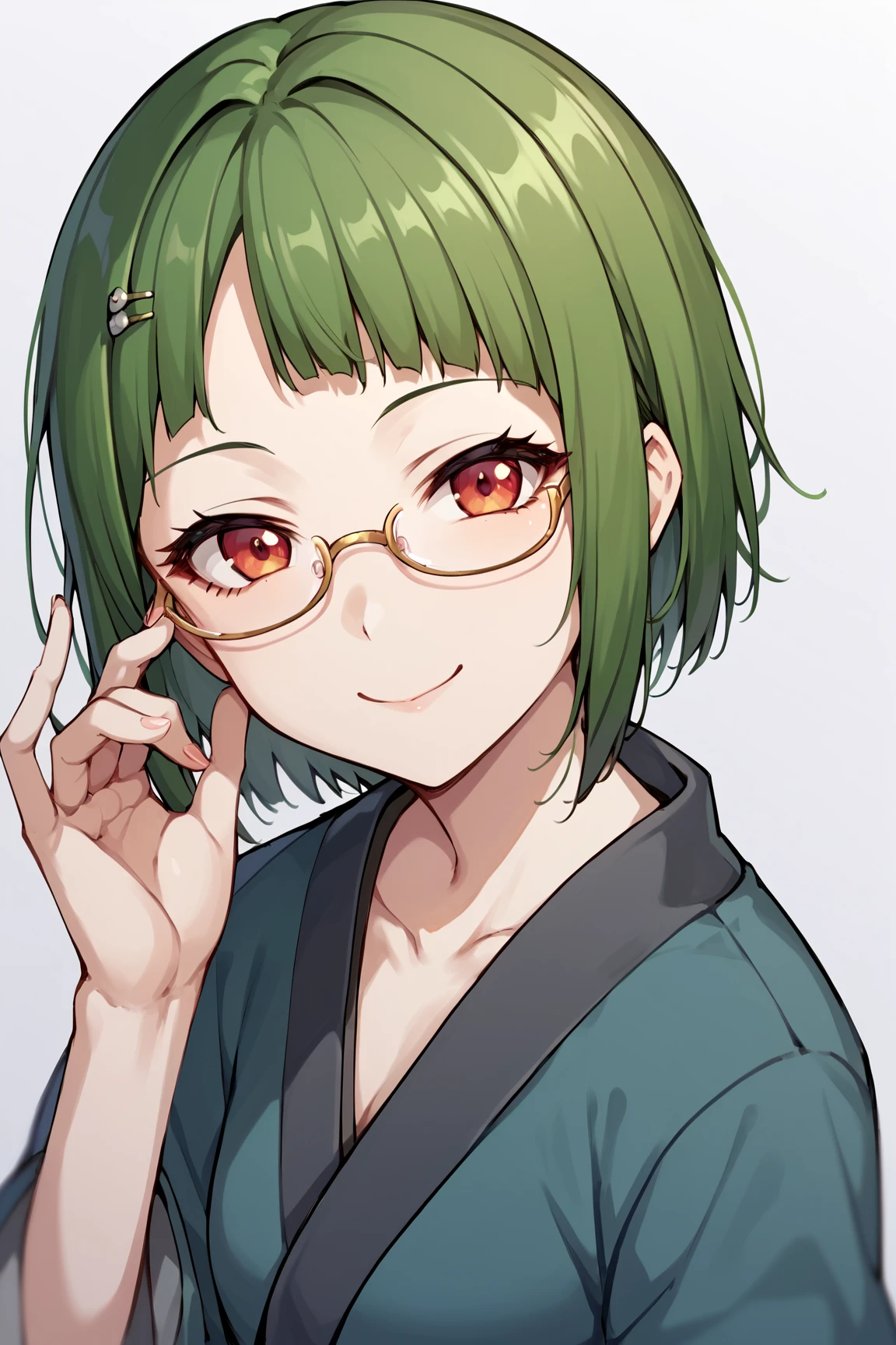 core_9, score_8_up, score_7_up, score_6_up, source_anime, 
tsukuyomi, 1girl, solo, tsukuyomi kimono, tsukuyomi glasses, sister hairclip, smile, looking at viewer, closed mouth, hand up, adjusting eyewear