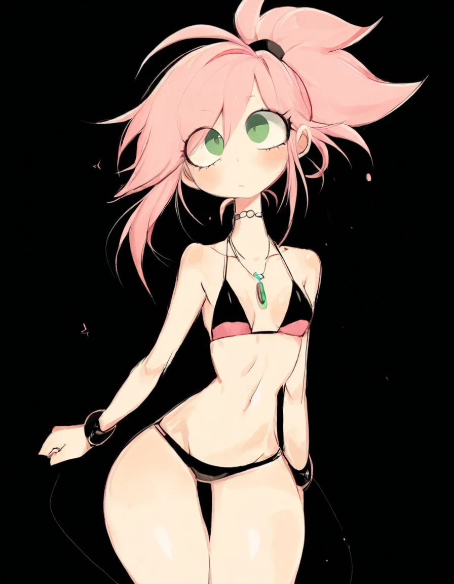 <lora:Illustrious_USA3710_Style_LORA_2:1> us4styl3, 
1girl, 18 years old, bikini, necklace, bracelets, belly, pink hair, green eyes, ponytail, small breasts, thigh gap, skinny, small ass, petite, round face, skinny, green eyes, black background