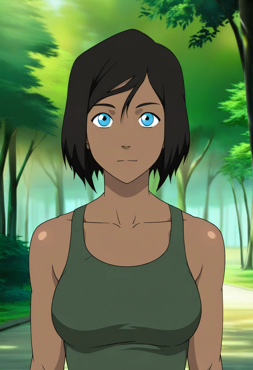 anime screencap,8k, absurd res, korra-v2, 1girl, solo, looking at viewer, short hair, blue eyes,dark skin,green tank top,brown skin, outdoors, detailed background, bare shoulders, collarbone, upper body, shiny <lora:korra-v2 (6):1>