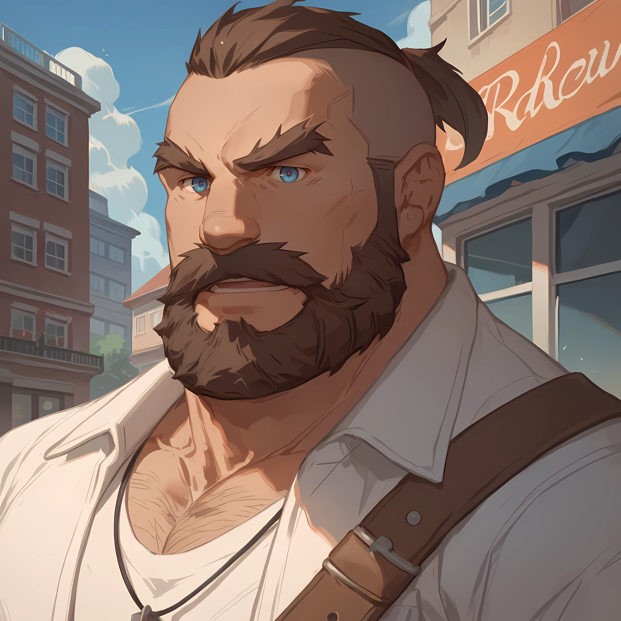 score_9, score_8_up, score_7_up, (source_anime), destroyernnk, facial hair, beard, mustache, hairy, hairy arms, solo, bara, human male, mature male, muscular male, casual outfit, white shirt, brown pants, detailed face, detailed eyes, blue eyes, big eyes, vibrant, city <lora:Destroyer_Ni_No_Kuni_Cross_Worlds-000012:0.8>