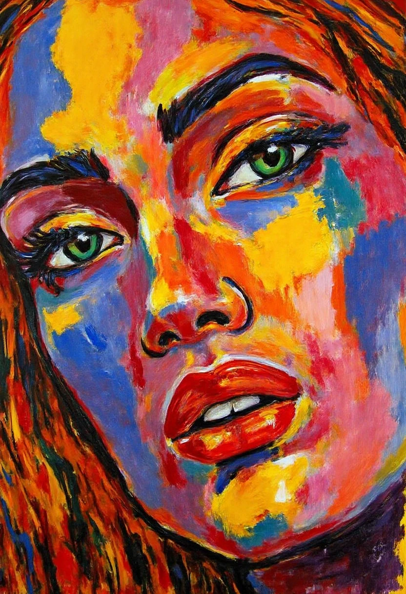 Fauvism Facilitator,  Create a close-up portrait of a contemplative woman with a wildly colorful, Fauvist palette. Her face is painted with intense swatches of blue, red, and yellow, with no attempt at realistic skin tones. Her eyes are vibrant green, and her lips a striking orange, conveying a deep, emotional intensity. The background is an abstract blur of vivid, contrasting colors, emphasizing the emotional resonance of her gaze.