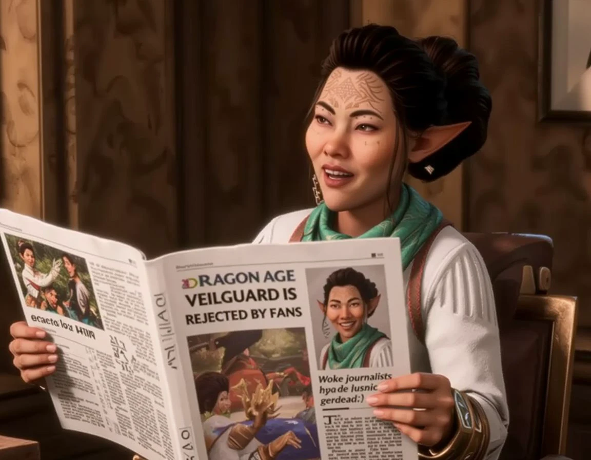 <lora:fluxgym-bellaralutare-lora01-000012:1>
<lora:expression_helper2.0:0.4>
a photo of bellaralutare reading a newspaper with headline: ("Dragon Age Veilguard is REJECTED by Fans":1.2)
Another smaller headline says: ("Woke Journalists SEETHE & CRY":1.2)
bellaralutare is laughing hysterically with her mouth open wide while reading it.
bellaralutare is happy in her office.