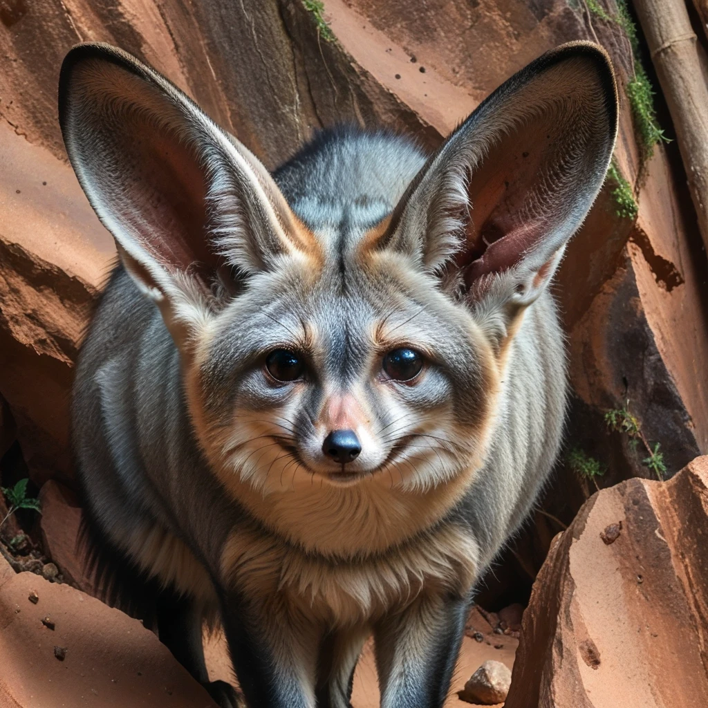 incredibly absurdres,solo,photorealistic,batearedfox,gray fur,small face,big ears,dark band over eyes,feral,detailed background,looking at viewer,outdoors,<lora:Foxes_-_Multiple_Species:1>,