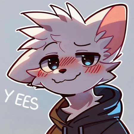 score_9, score_8_up,score_7_up, text "yes", text "I like kissing boys", solo anthro furry, BoykisserFur, male, closeup, white fur, white ears, smug, blush, hoodie, rating_safe