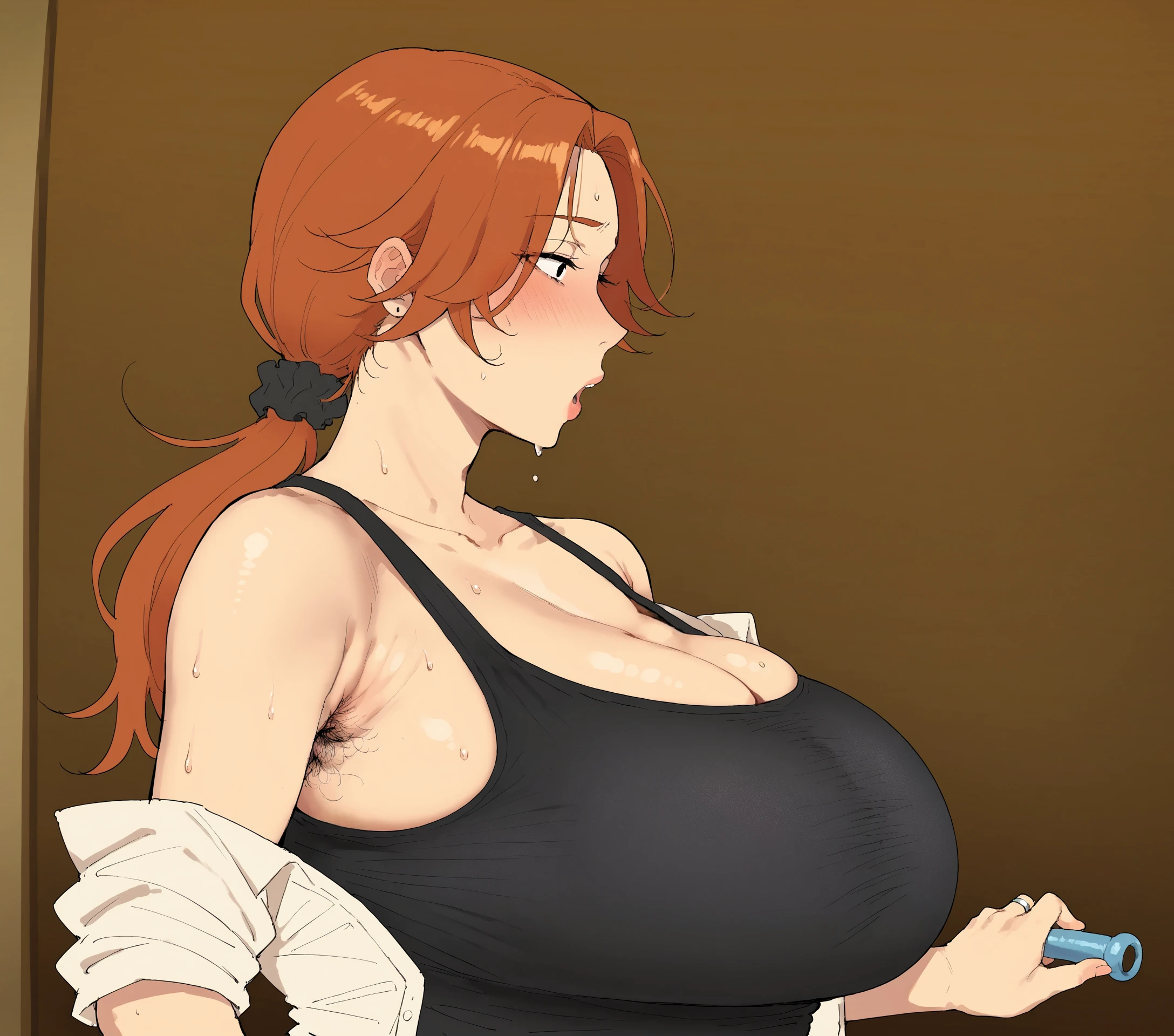 score_9, score_8_up, score_7_up, anime_style, 2D, Aira, 1girl, solo, long hair, breasts, blush, open mouth, orange hair, shirt, cleavage, bare shoulders, jewelry, white shirt, upper body, ponytail, sweat, parted lips, off shoulder, huge breasts, black eyes, from side, lips, open shirt, scrunchie, ring, tank top, mature female, wedding ring, black tank top, armpit hair