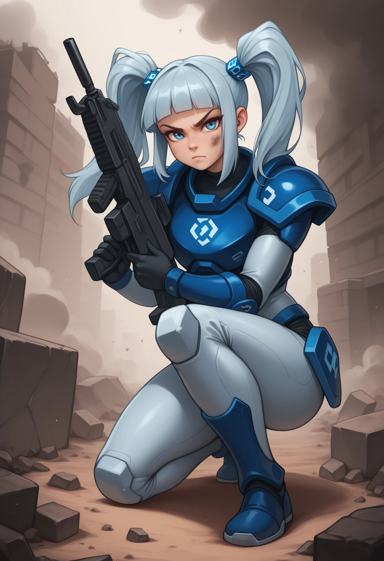 masterpiece, best quality, <break> solo, 1girl, rkn-chan, dirty, serious, looking at viewer, on one knee, holding gun, assault rifle, long hair, blue hair, blunt bangs, twintails, cube hair ornament, blue eyes, blue armor, power armor, black gloves, outdoors, debris, smoke
<segment:yolo-face_yolov8m.pt,0.4,0.5//cid=1>