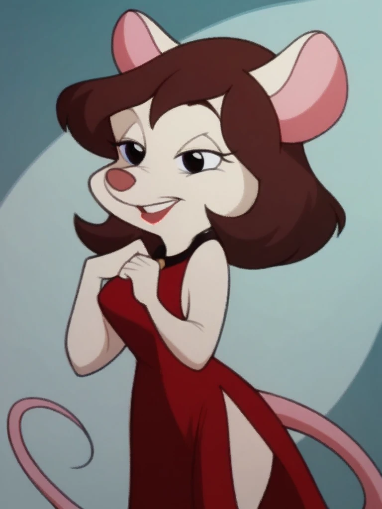 score_9, score_8_up, score_7_up, score_6_up, score_5_up, score_4_up, Mousey_Galore, red dres, backless dress, side slit, detailed face, detailed eyes, detailed background, <lora:mousey-galore-v1:1>