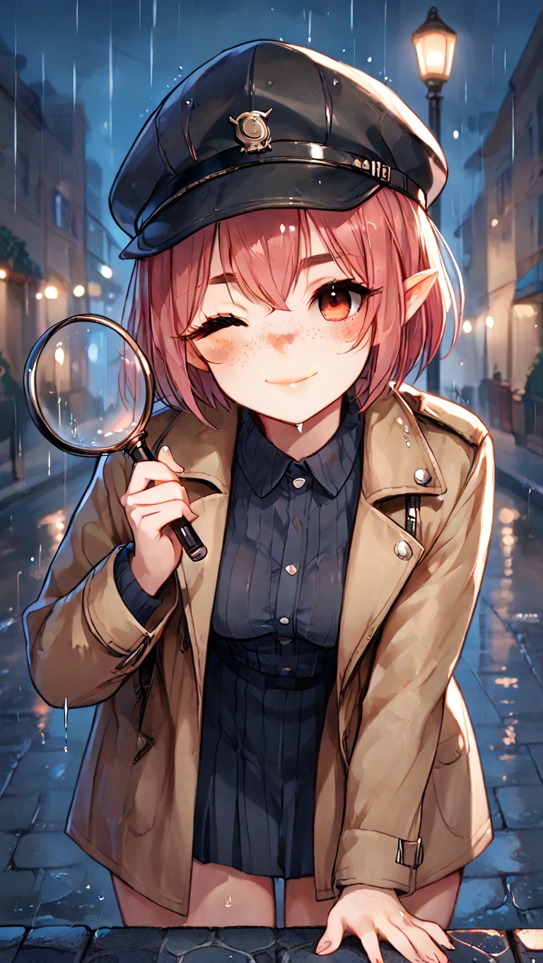 score_9, score_8_up, score_7_up, score_6_up,source_anime, BREAK,
hari, red eyes, smile, closed mouth, medium breasts, (body freckles), half-closed eyes,
1girl, trench coat, detective hat, dark street, raining, holding magnifying glass, mysterious expression, wet cobblestone, night, street lamps, leaning forward, one eye closed,
<lora:hari_pony_v1:0.75>