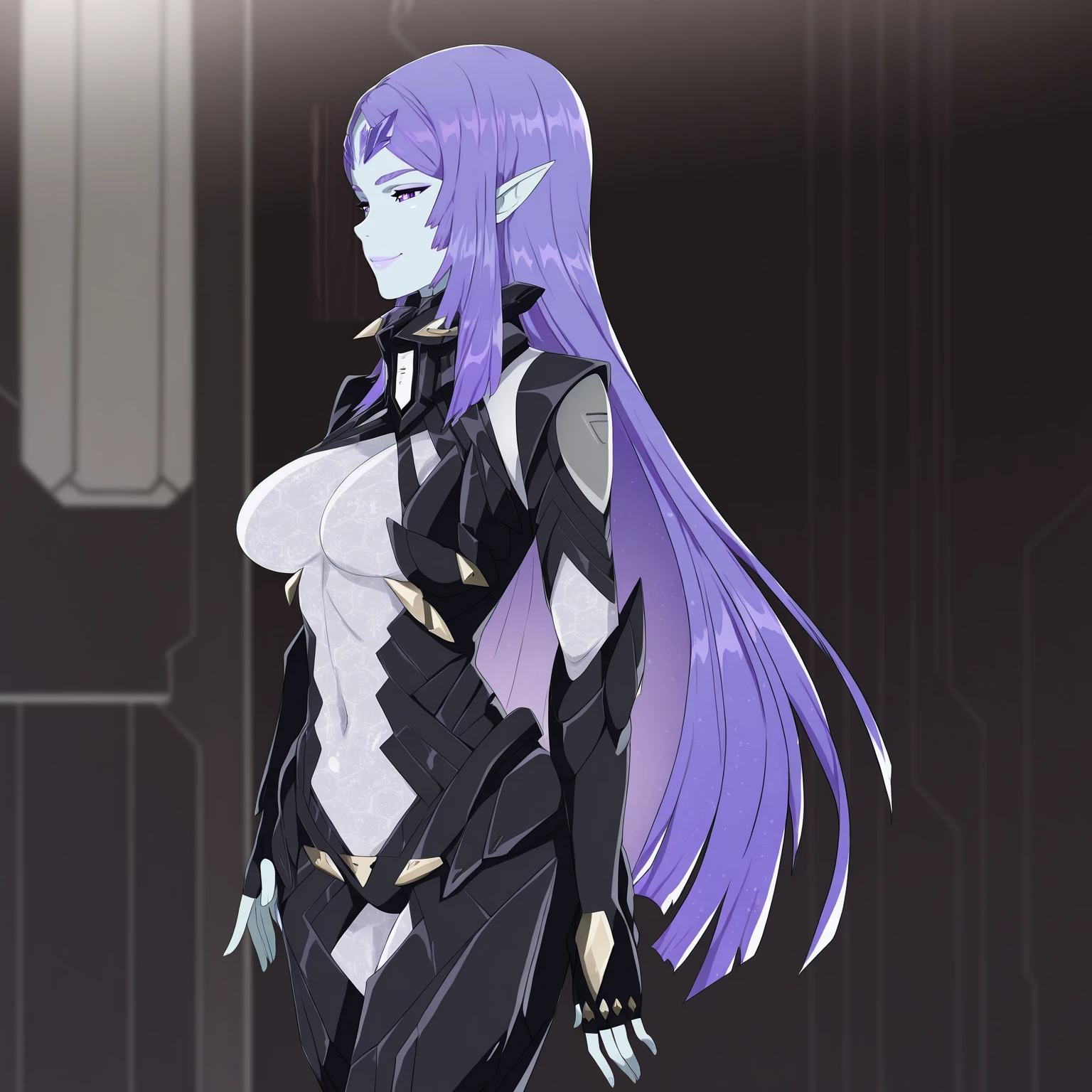 masterpiece, best quality,very aesthetic,absurdres
1girl
 <lora:ETFILLUS2:1> etfillus, colored skin,white skin, pointy ears, purple eyes, long purple hair, black armor, see-through bodysuit,white bodysuit,navel,thigh cutout || ass cutout
sci-fi,indoors,cowboy shot, , upper body, motherly,smile, from side,looking at you,,metal walls,holograms , <lora:r3dfive illu-000030:1>