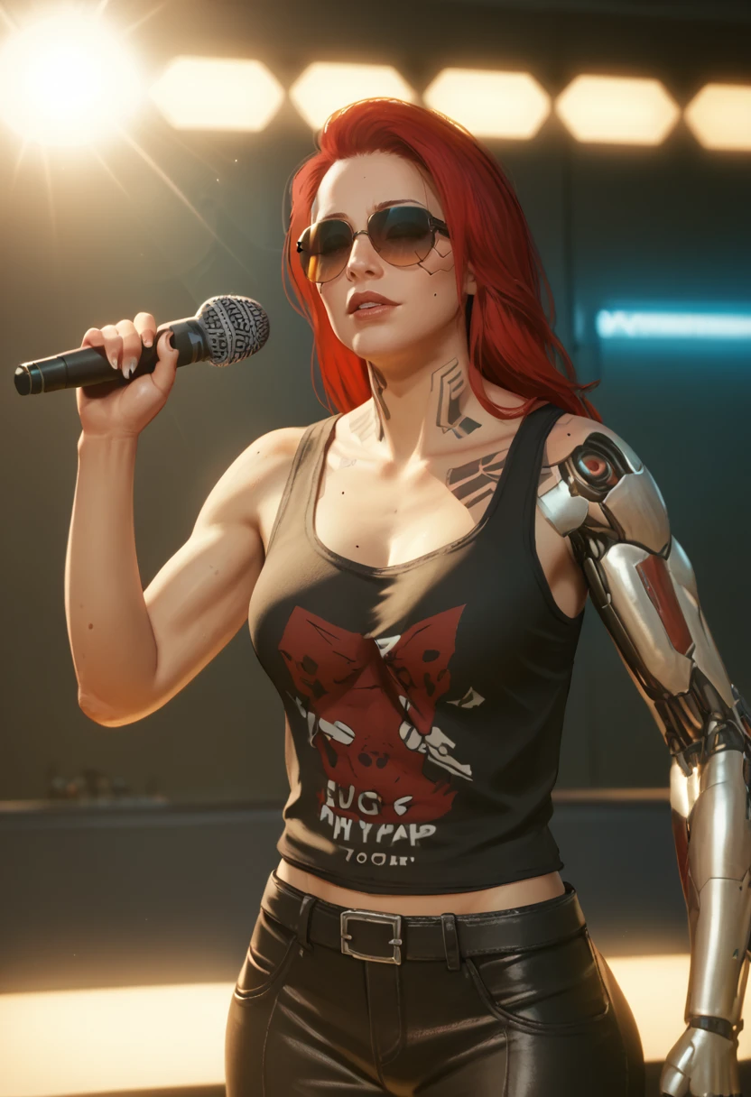 score_9, score_8_up, score_7_up, score_6_up,
sci-fi, neon, cyborg, prosthetic arm, 1girl, curvy, tank top, long hair, aviator sunglasses, stage, microphone, singing, lens flare, performance, solo focus, action, dramatic lighting, close-up <lora:PulenKompot-Cyberpunk 2077 Style-locon-PonyXL:1> cb2077, cyberpunk, science fiction