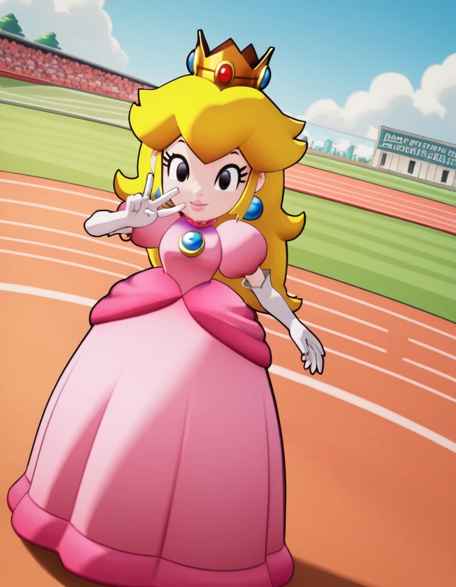 score_9, score_8_up, score_7_up, source_anime, <lora:princess-peach-brothership-ponyxl-lora-nochekaiser:1>, princess peach, blonde hair, black eyes, long hair,, crown, dress, gem, gloves, pink dress, puffy short sleeves, puffy sleeves, short sleeves, white gloves,, running track, lanes, red, exercise, race, smile, v, v over mouth, smug,, looking at viewer, solo,, dutch angle, cowboy shot