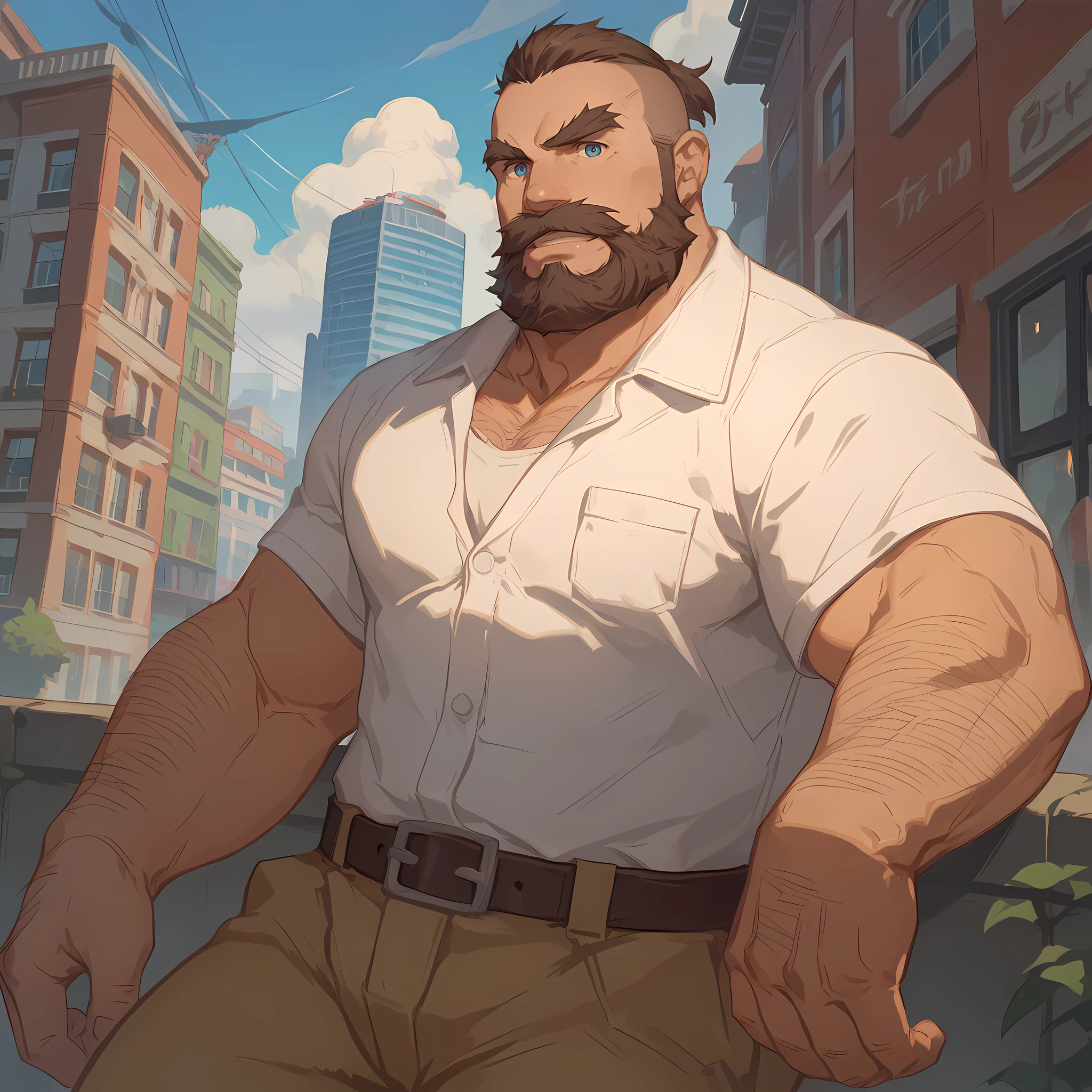 score_9, score_8_up, score_7_up, (source_anime), destroyernnk, facial hair, beard, mustache, hairy, hairy arms, solo, bara, human male, mature male, muscular male, casual outfit, white shirt, brown pants, detailed face, detailed eyes, blue eyes, big eyes, vibrant, city <lora:Destroyer_Ni_No_Kuni_Cross_Worlds-000012:0.8>