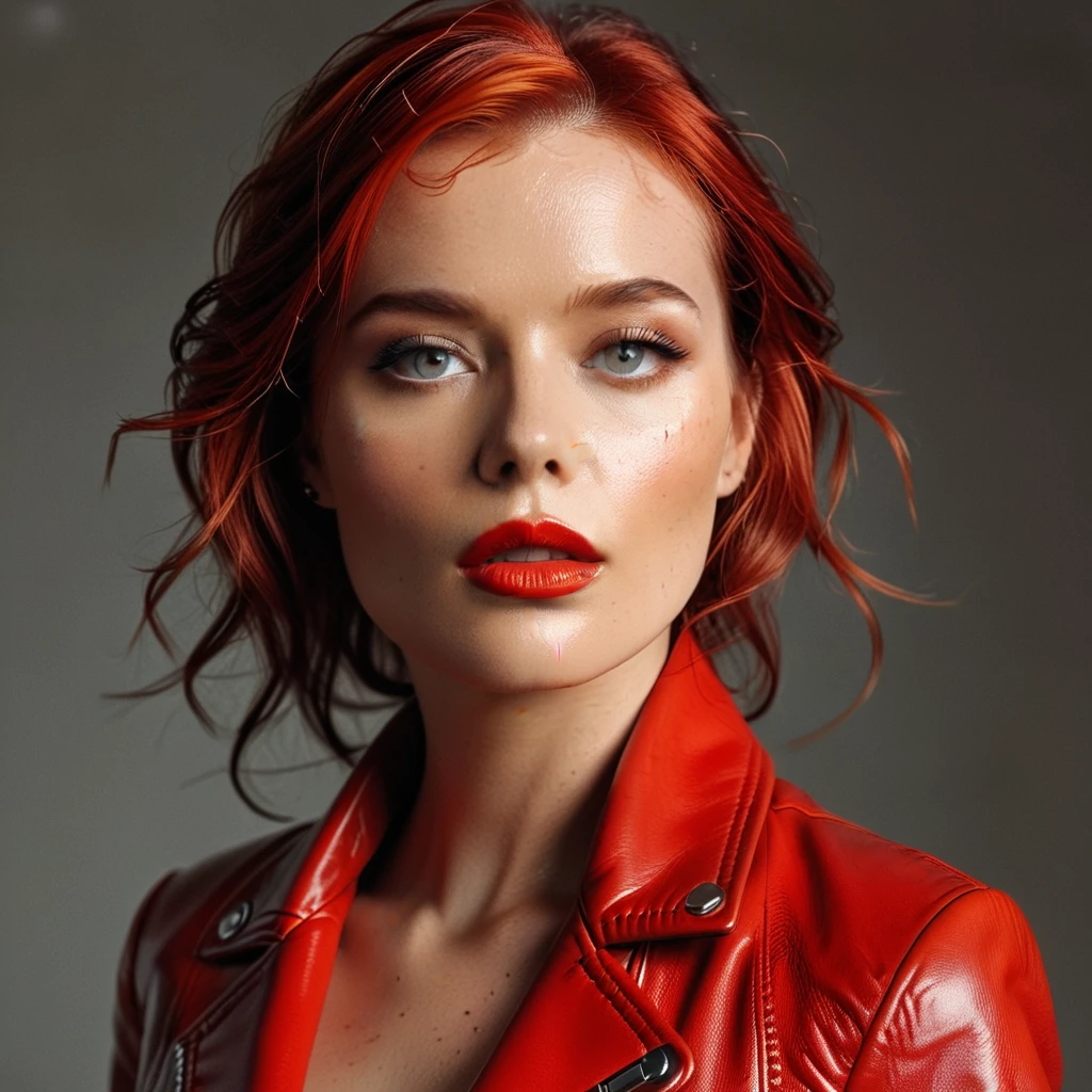 A detailed description of a woman's face, highlighting a sophisticated makeup look. She is wearing a vivid red leather jacket, which adds a daring and edgy element to her overall appearance