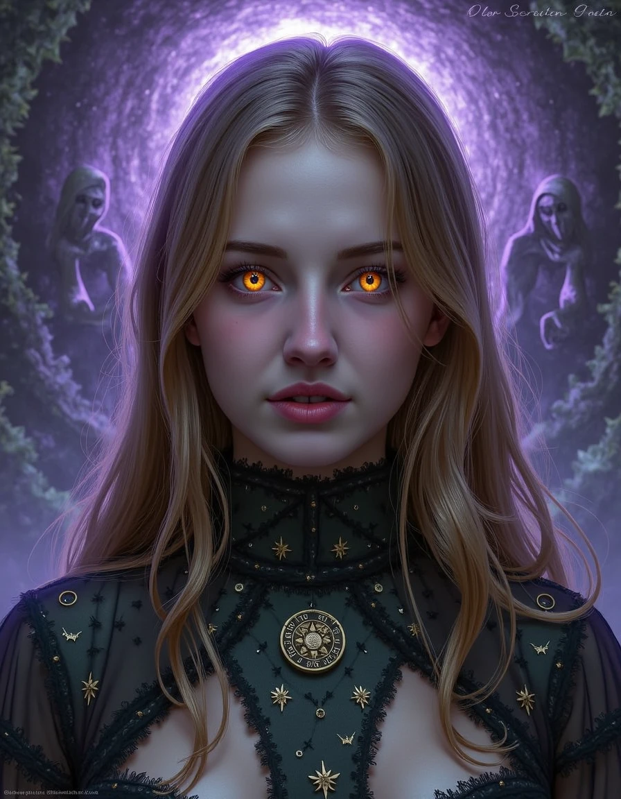 A digital painting of b3ti in a Lovecraftian setting, her face partially obscured by tendrils of dark, otherworldly mist, her eyes glowing with an eerie, unnatural light. Her hair flows like an ocean of shadows, merging with the abyssal void behind her. She wears an ancient, tattered turtleneck dress that seems to be woven from the very fabric of forgotten dreams, adorned with cryptic symbols and sigils that pulse subtly with an unknown energy. The background is a swirling chaos of cosmic horror, with distorted, non-Euclidean geometries and spectral figures whispering secrets of the universe, all rendered in a palette of deep purples, greens, and blacks, highlighting her as the focal point of this eldritch tableau. <lora:beti:1>