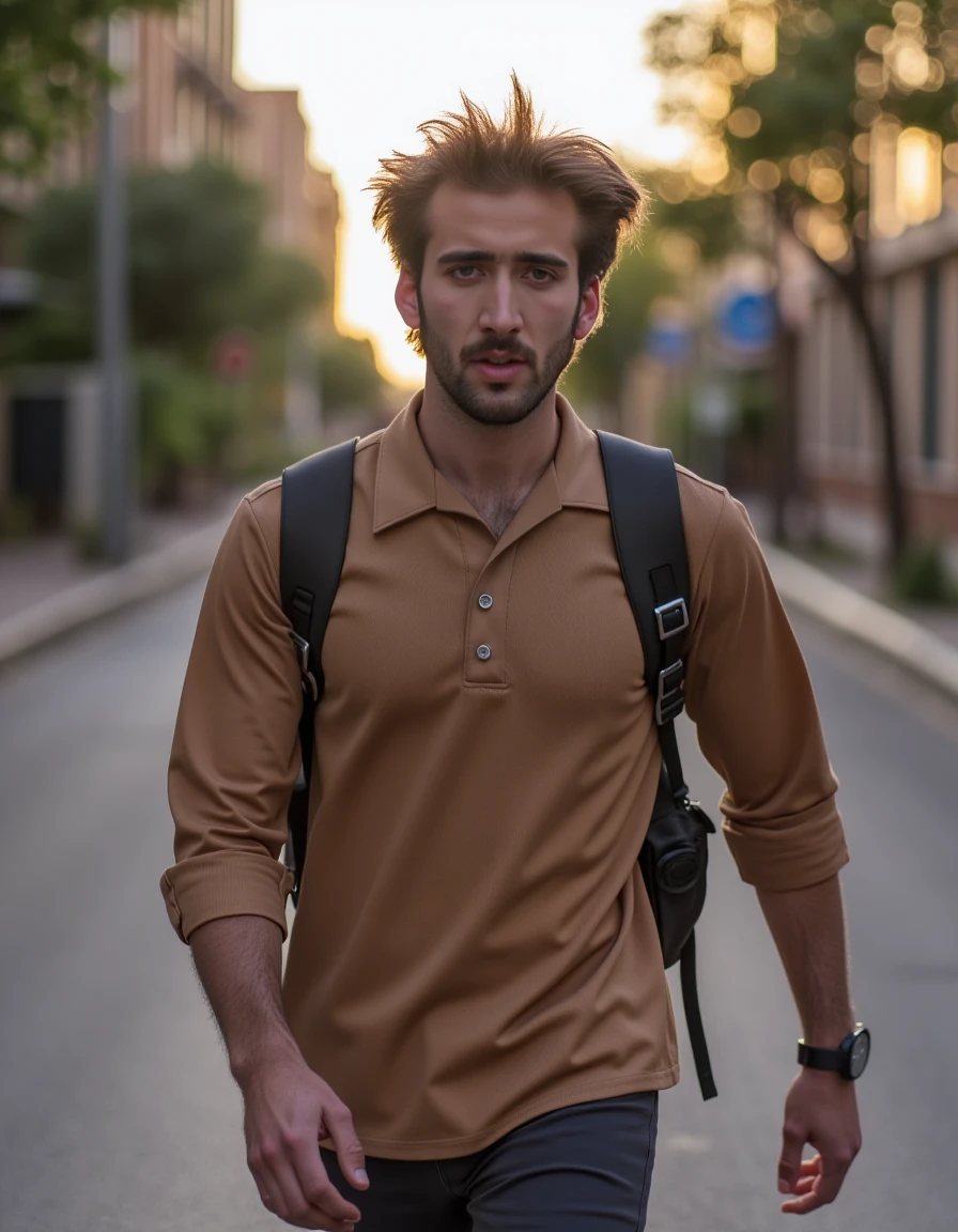 HINC man walking down the street in a brown shirt
