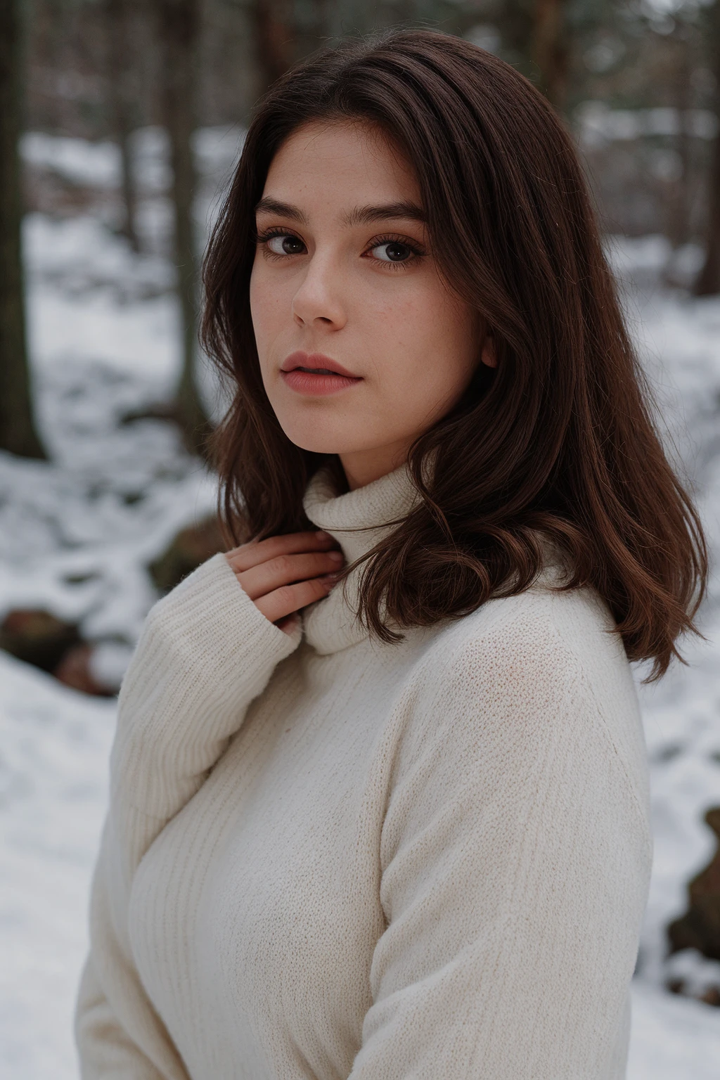 close-up photo of a woman, upper body, wearing pullover, solo, outdoors, mountains, nature, sweater, hat, forest, rocks, river, wood, smoke, shadows, contrast, clear sky, analog style, look at camera, film grain, warm hue, warm tone, cinematic lighting