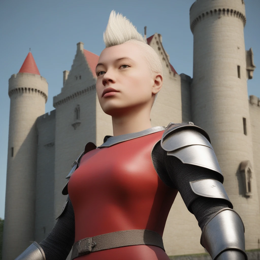 civitafem, 1girl, solo light blonde hair, light skin, realistic vibrant, detailed red armor, female knight, in front of castle, looking at viewer,