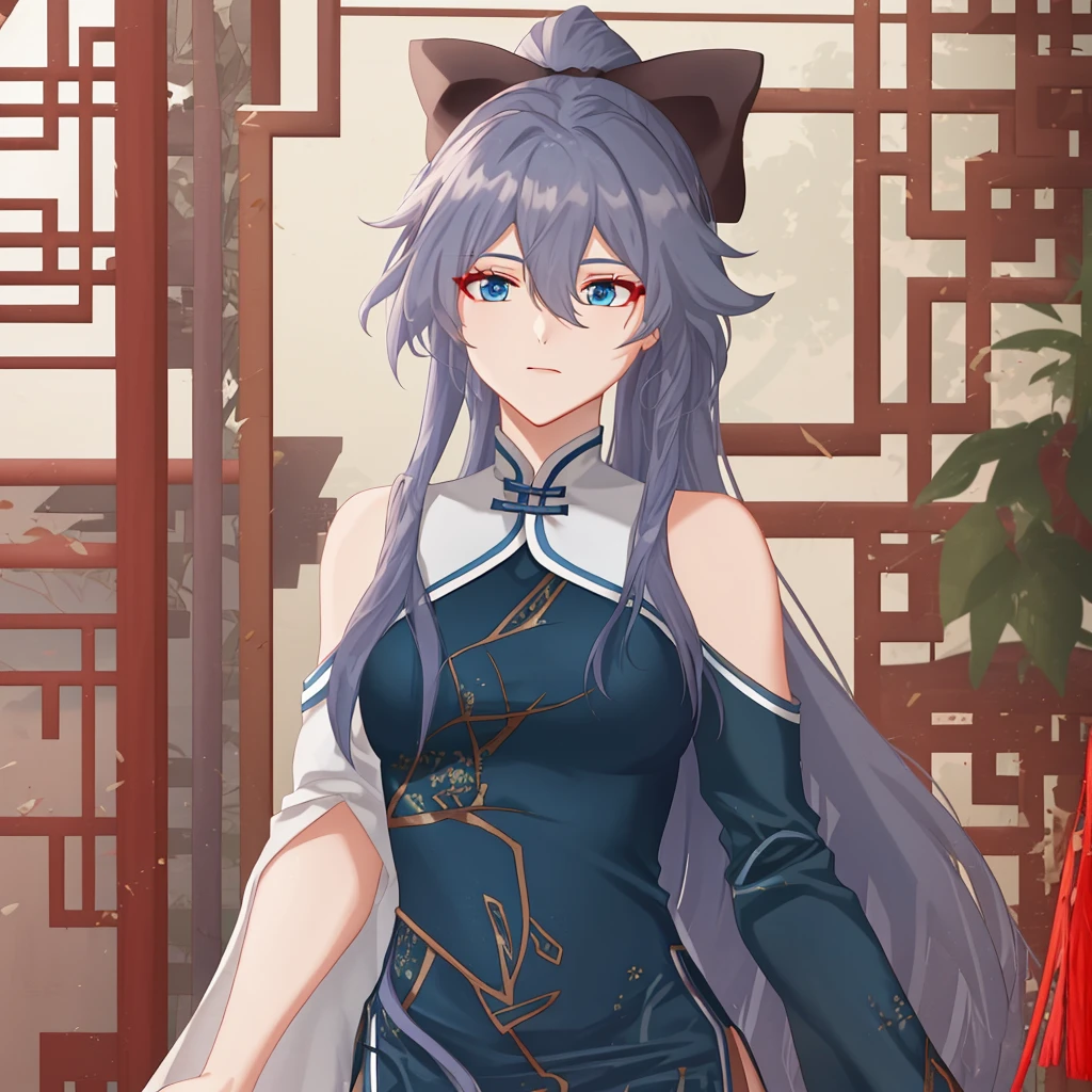 blue eyes, hair between eyes, bare shoulders, very long hair, chinese clothes, china dress, grey hair, fu hua, jewelry, pantyhose, ponytail, wide sleeves, hair bow, blue bow, bangs, hair ornament, detached sleeves, green dress, aqua dress, thighhighs, footwear, black legwear, messy hair<lora:ç¬¦å-æè¢-æ°æ¥:0.8>