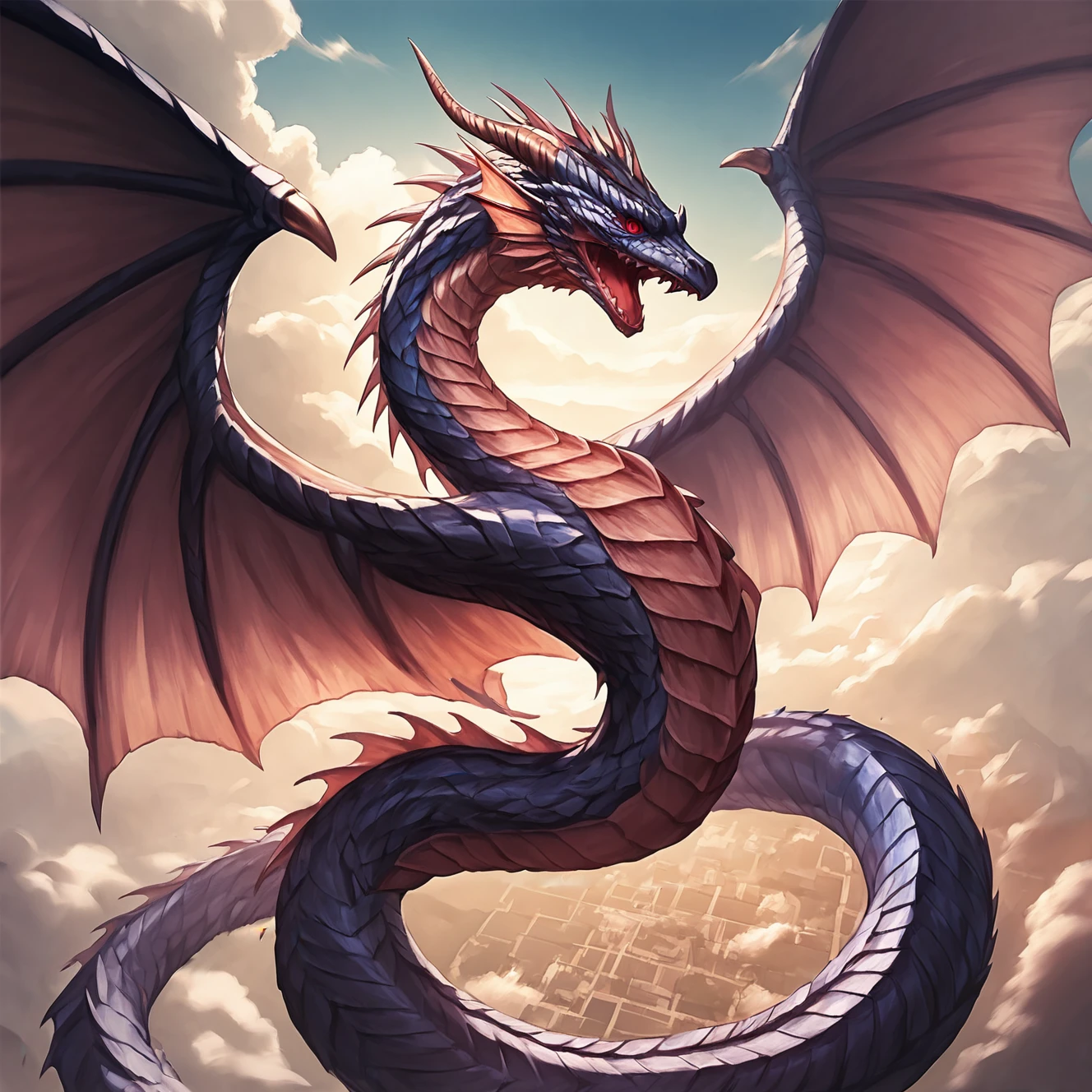 dragon, wings, 2 wings,
<lora:winding_body:1> winding body, serpentine, serpentine body, , flying, sky, head, red eyes, open mouth, score_9, score_8_up, score_7_up, intricate details, , fantasy setting,
(tail:1.3)
, detailed background,