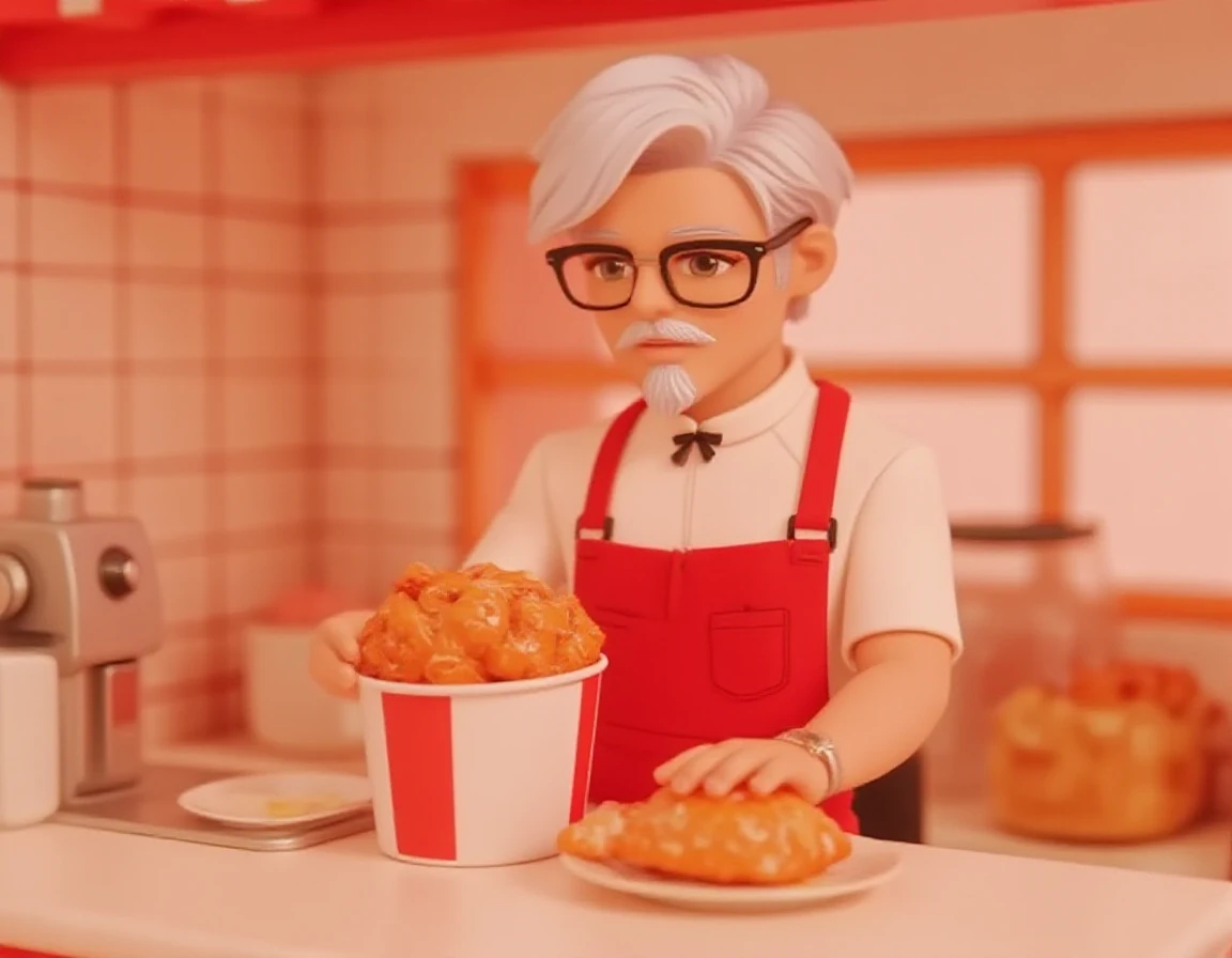 Image in the style of MNTRWRLDS, colonel-sanders,  a dollhouse KFC, colonel-sanders has silver hair and glasses.  He wears a white shirt under a red apron with black pants.  He is working in the KFC restaurant and is serving a bucket of fried chicken. <lora:colonel-sanders_000003800:0.8>  <lora:flux_MNTRWRLDS_test_run:0.9>