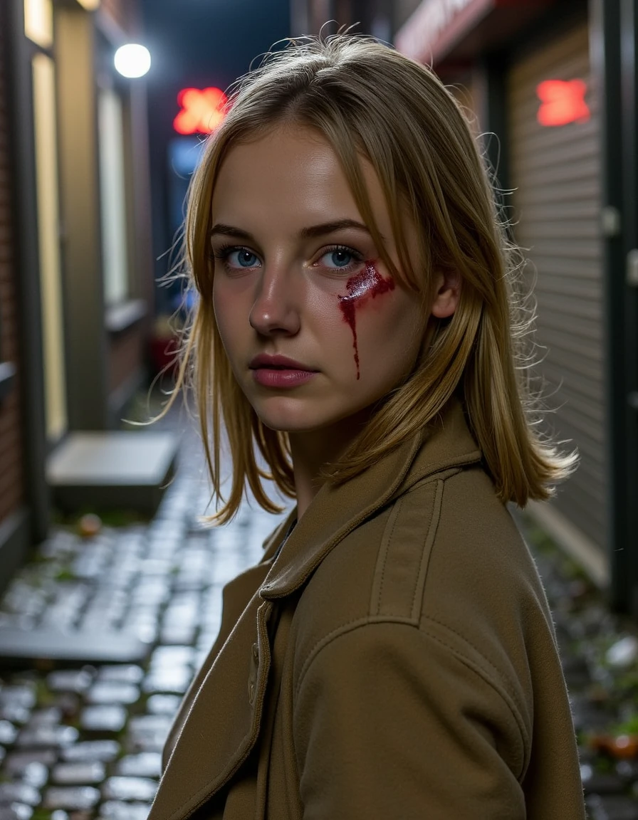 A high-resolution crime scene photo of b3ti, portrayed in a dimly lit, grimy urban alleyway. She has a distant, hardened gaze, her eyes reflecting a mix of fear and determination. She's wearing a slightly tattered, once-elegant coat, now stained and worn, suggesting she's been through a rough night. Her hair is disheveled, framing her face which shows signs of recent struggle or lack of sleep. A small cut is visible above her left eyebrow, not bleeding but fresh, with a thin line of dried blood. The background shows wet cobblestones, scattered debris, and the faint outline of a closed shop's neon sign flickering. The overall atmosphere is tense, with shadows cast by nearby street lamps creating dramatic contrasts, emphasizing the harshness of her environment. <lora:beti:1>