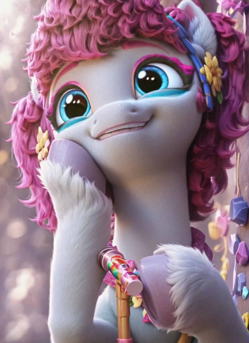 , score_9, score_8_up, score_7_up, score_6_up, score_5_up, score_4_up, rating_safe,  <lora:Snuzzle:1> Snuzzle, Earth Pony, Body Color
White gray, Hair Color
Hot pink
, FULL body ((cute, little, fuzzy pony, fur)), (high quality, detailed, beautiful), shiny, adorable face, detailed beautiful eyes, diadema, sunlight, realistic, outstanding, countershading, detailed soft lighting, ear fluff, hoof on face, cinematic vintage photography