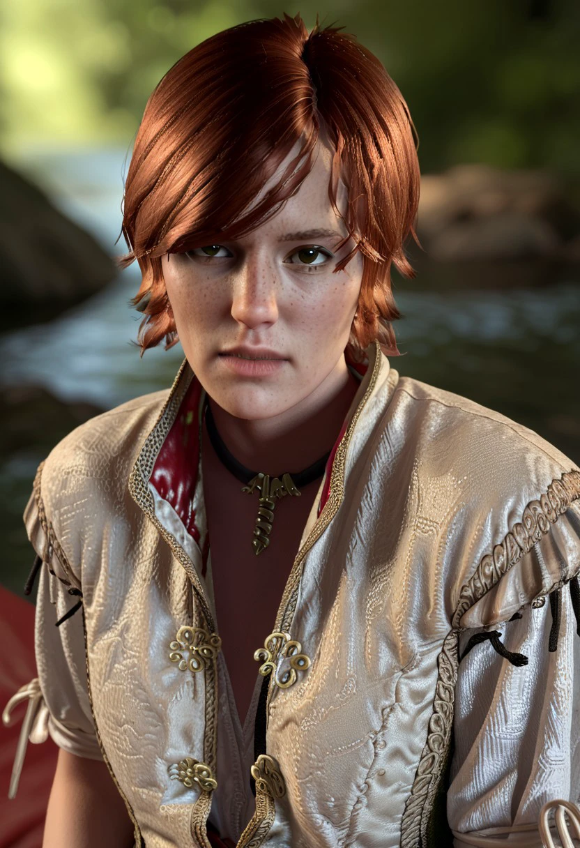 score_9, score_8_up, score_7_up Shani Witcher 3  freckles  up close organizing a medical supply's in a Witcher  village,