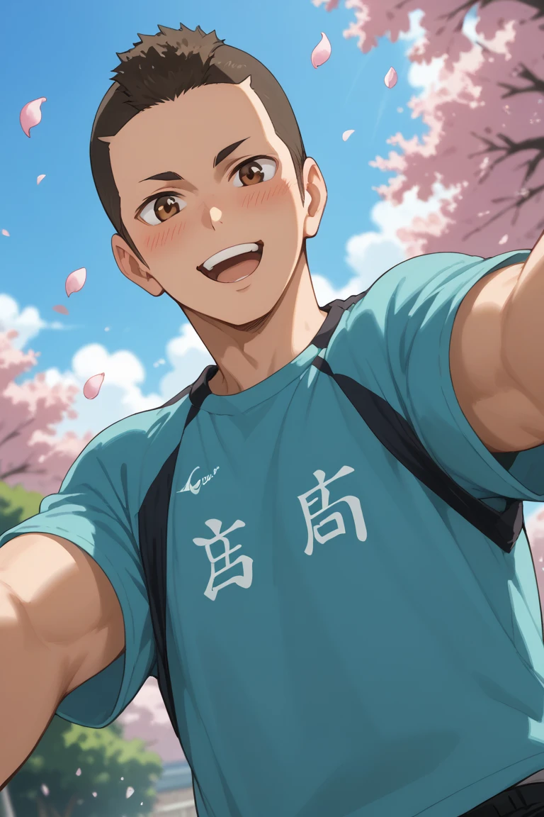 score_9, score_8_up, score_7_up, source_anime, rating_safe, day, natural lighting, spring theme, flowers, petals, male focus, selfie, outstretched arms, smiling, blushing, looking down at viewer, expressive face, YamamotoHU, black_YamamotoHU_hair, brown_YamamotoHU_eyes, open mouth, oversized arms, manly, 1boy, blurry outdoors, from below, dutch angle, intricately detailed illustration, atmospheric perspective, depth of field