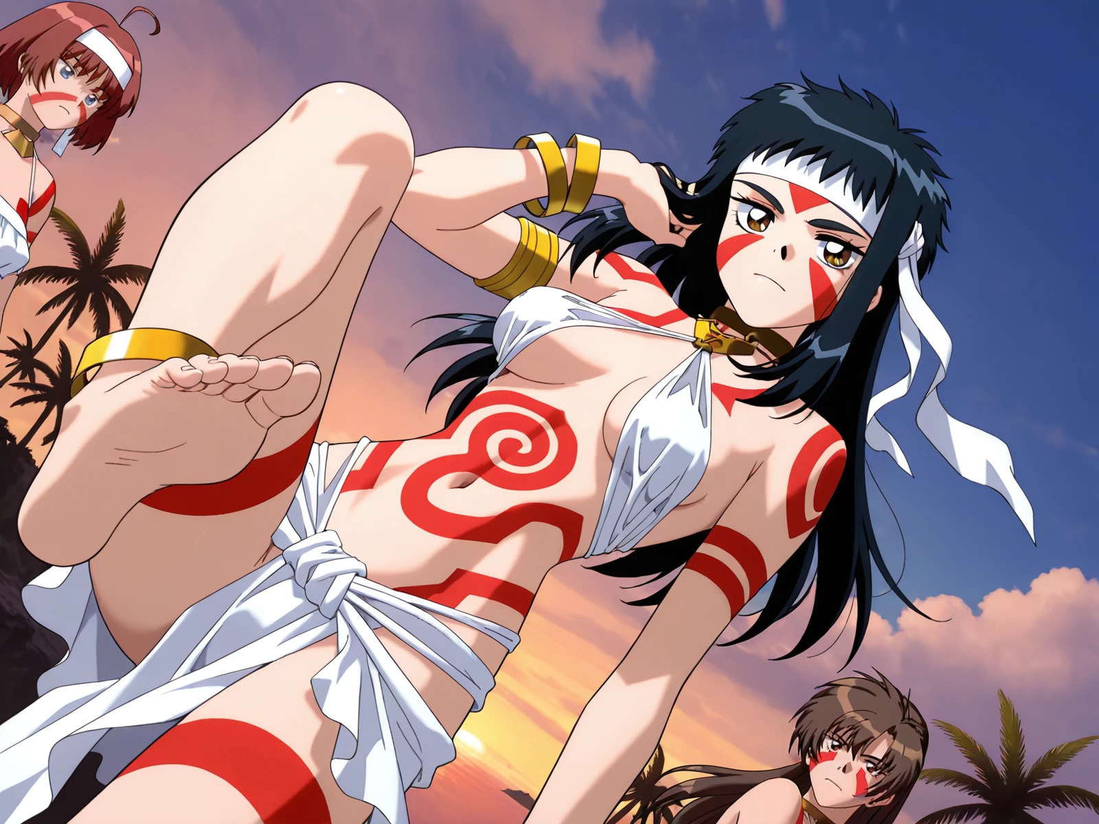 masterpiece, very aesthetic, (3girls:1.8), the girl shimabara minami, the girl shimabara usio, the girl shimabara yuuhi, red tribal tattoo swirls spin pattern all over body, red body markings, bodypaint, full-body tattoo, body writing, red facepaint, red facial tattoo, swirl breasts tattoo, swirl belly tattoo, chest tattoo, arm tattoo, leg tattoo, thigh tattoo, shoulder tattoo, butt tattoo, tribal tattoo, tribal, white ribbon forehead (hachimaki) headband, white criss-cross halter neck, white loincloth, white sarong, golden anklet, golden armlet, golden bangle, golden bracelet, golden choker, (outdoors:1.5), cluttered and detailed background, beautiful detailed background, palm tree, cloud, cloudy sky, sea, summertime on tropical beach, AngkorWat on an island in the distance, midnight jungle, inside a private lounge, (one leg up:0.8), (foot focus), (cowboy shot), dutch angle,<lora:shimabara_yuuhi_neo_ranga_IllustriousXL01_lora_20241002_epoch-000018+12+12:0.8>