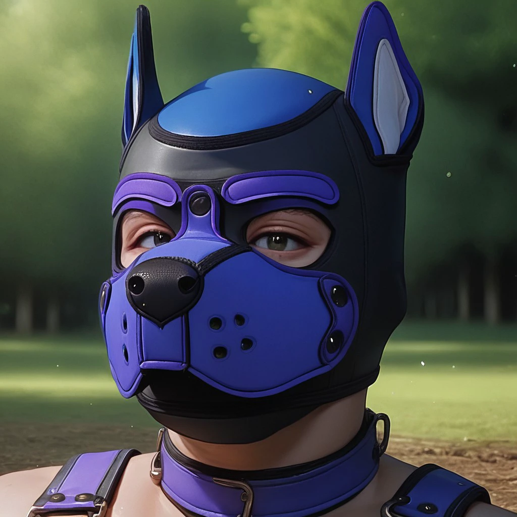 score_9, score_8_up, score_7_up, score_6_up, score_5_up, score_4_up, source_human
anthro, ((1boy, solo)), portrait, (purple Pup hood, pup mask), harness
BREAK
detailed background, park background,