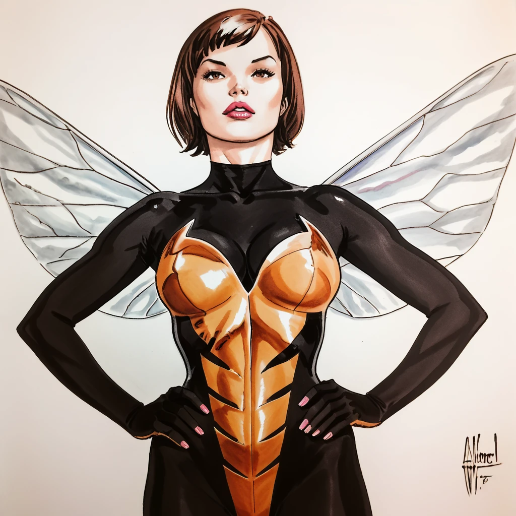 <lora:guillemmarch_pony_v1:1> score_9, guillemmarch_style, guillemmarc, source_artwork, traditional media  <lora:wasp_pony_v1:0.7> waspjanet, 1girl, short hair, insect wings, bodysuit, medium breasts, brown hair, traditional media, marker (medium), brown eyes, lips, hands on hips