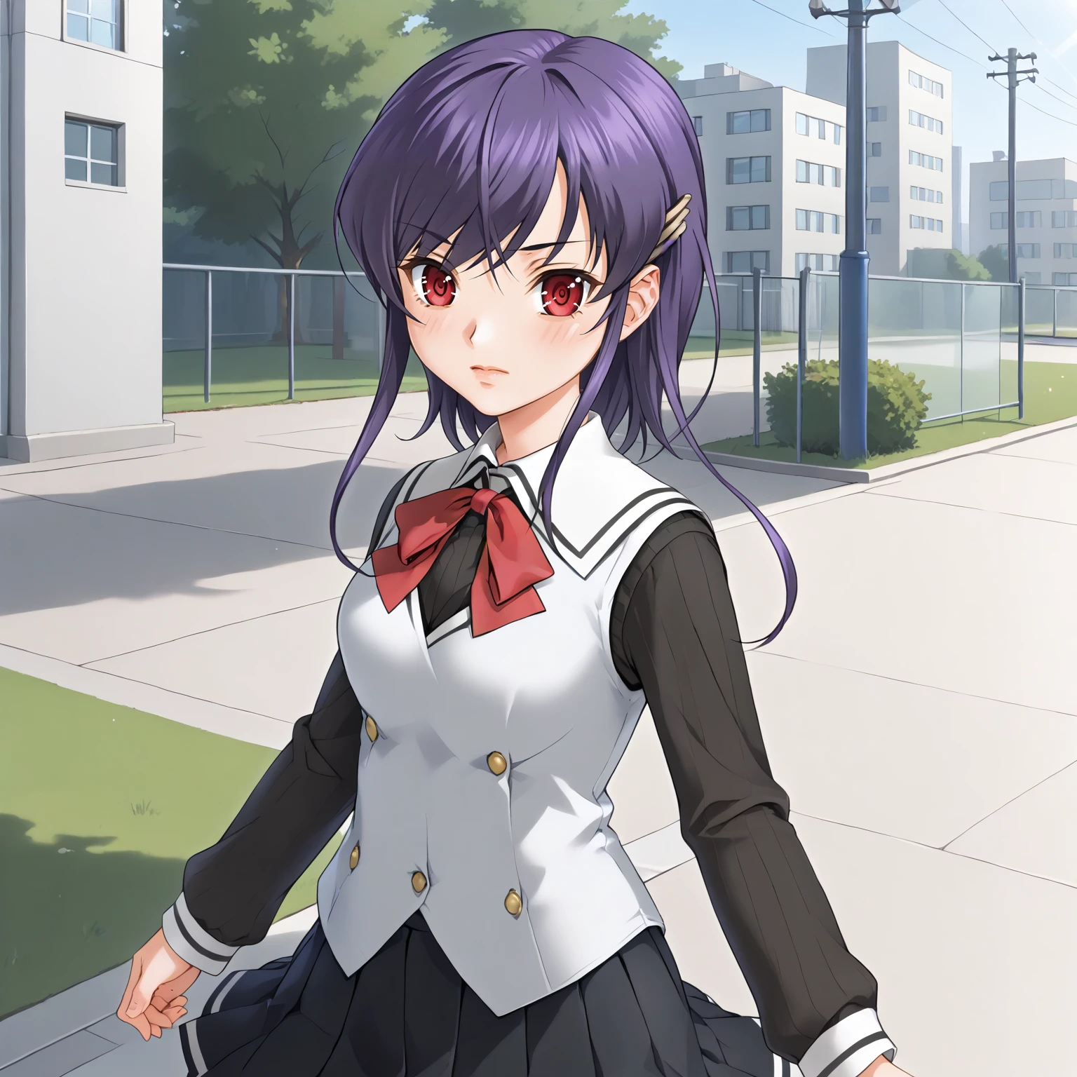 <lora:MJD_HitotsukaneYuukoOliverXLpony005>,
outdoors,
solo,
HitotsukaneYuukoOliver,1girl,purple hair,middle hair,hairclip,red eyes,
school_uniform,
black shirt,white vest,long_sleeves,black skirt,