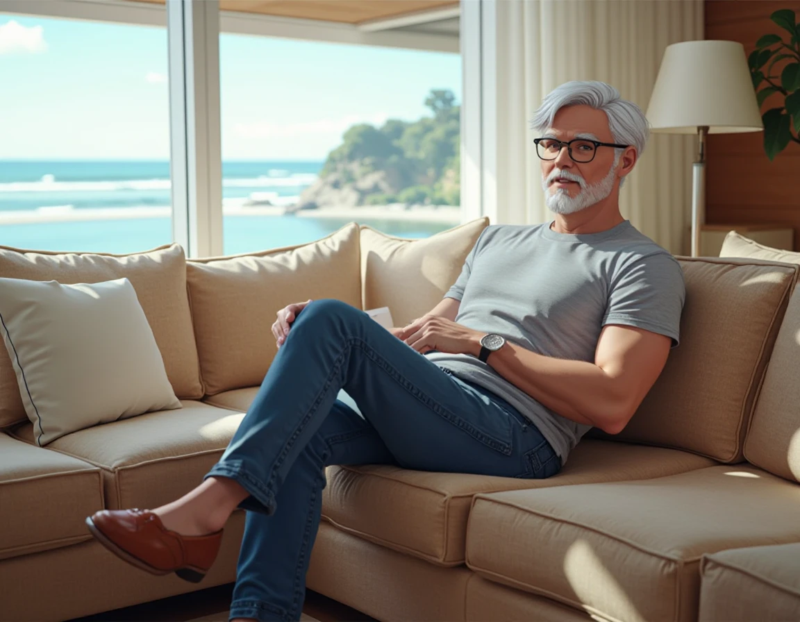 colonel-sanders, he is sitting on the sofa in his living room wearing a tshirt and jeans, with a view of the beach through a large picture window  <lora:colonel-sanders_000003800:0.8> <lora:turbo-alpha:1>