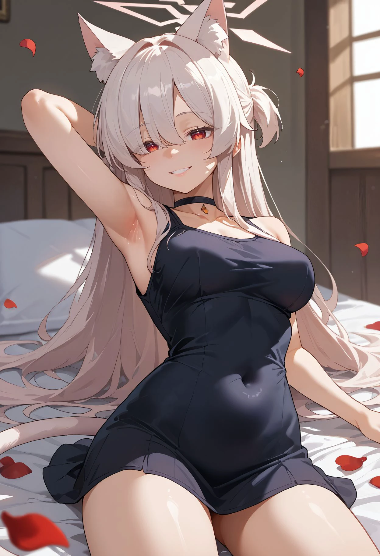 White hair, Long hair, Red eyes, Senior sister, inns, Bed, Messy clothes, Tears, Drooling, Flushed face, Conquered