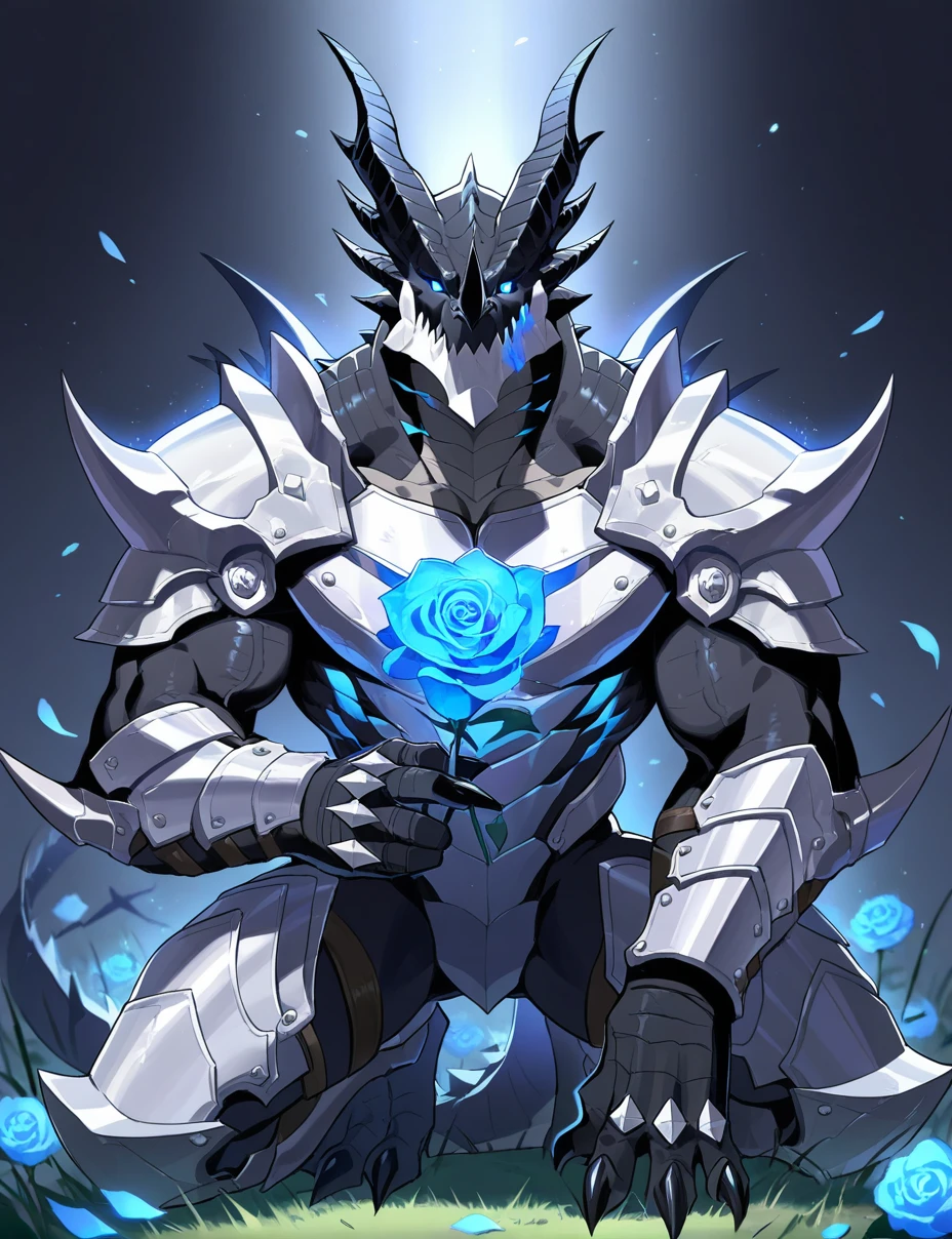 BREAK masterpiece,best quality,amazing quality,very aesthetic,highres,absurdres BREAK ekita kuro,(yohan:0.8),softpoltupo,year 2024,full body,solo,
1boy,furry male,muscular,muscular male,bara,barazoku,DEATHWING,(black horns:1.1),dragon,(metal jaw:1.1),(black body:1.1),black head,detailed scales,(black scales:1.1),grey belly,(metal chest:1.1),blue glowing chest crack,4 fingers,claws,blue eyes,slit pupils,glowing eyes,white armor,shoulder armor,leg armor,<lora:deathwing_noob_adamw8bit-000029:1>,glowing flower,grass,on one knee,holding blue rose,flower focus,night,night time,black sky,perfect composition,intricately detailed,hyper detailed,maximalist style,concept art,harmony,serenity,calm,mysterious glow,dynamic lighting,masterpiece,superb composition,finest details,highest aesthetics,mystical glow,