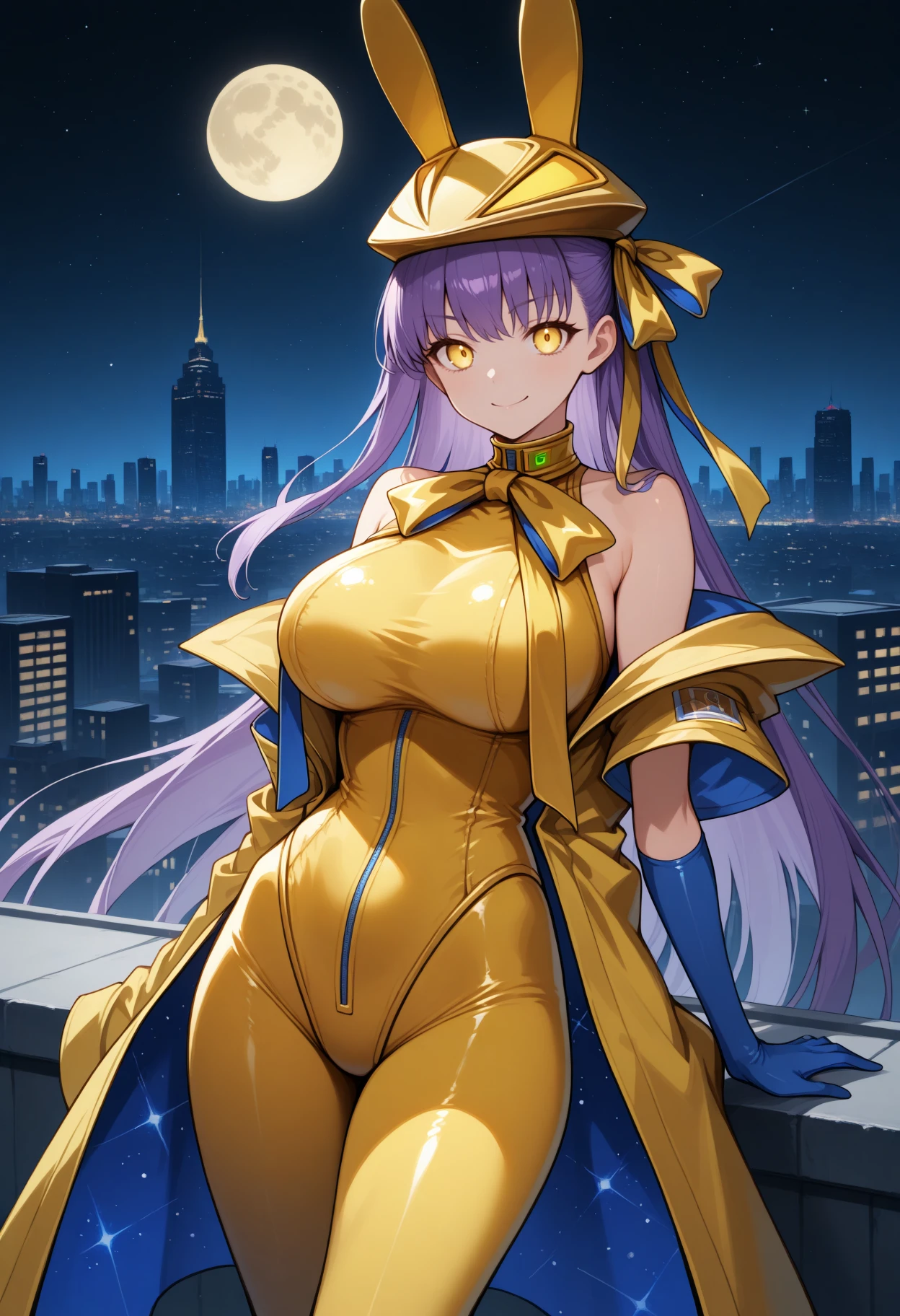 masterpiece, best quality, 1girl, solo, BBGolden, yellow eyes, long hair, purple hair, hair ribbon, yellow ribbon, yellow headwear, fake animal ears, yellow bodysuit, yellow bowtie, yellow leggings, yellow coat, sleeveless coat, bare shoulders, blue gloves, elbow gloves, standing, outdoors, rooftop, night, dark, dark theme, starry sky, moon, skyline, cityscape, skyscraper, smile, <lora:ChamBBIllustriousXL:1>