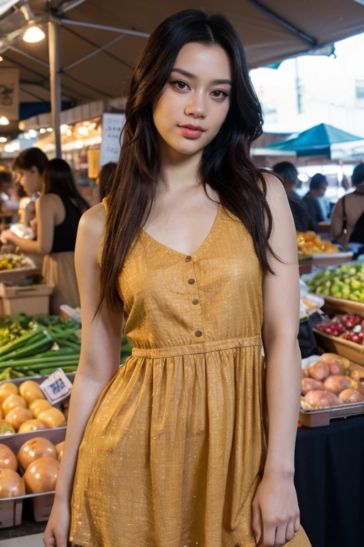 masterpiece, best quality, ultra-detailed, ultra high res, (photorealistic:1.4), raw photo, (realistic:0.2), 8k HDR, realistic cool temperature lighting, (asian:0.2), 1girl, solo, asymmetrical hair, outdoor, day, (traditional market:1.2), bokeh, (detailed lips), (detailed pores), (detailed skin textures), (detailed face:1.2), (full body:1.2), a woman in a sundress, promotional image, a character portrait, (thigh gap)