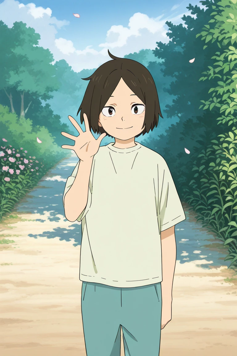 day, natural lighting, spring theme, flowers, petals, 1stmale child focus, waving, looking at viewer, expressive face, ADKenmaHU, black_ADKenmaHU_parted bangs, brown_ADKenmaHU_eyes, closed mouth, smiling, shirt, pants, 1stmale child, blurry outdoors, ghibli background, straight-on, dutch angle, intricately detailed illustration, masterpiece, best quality, amazing quality, very aesthetic, absurdres, newest