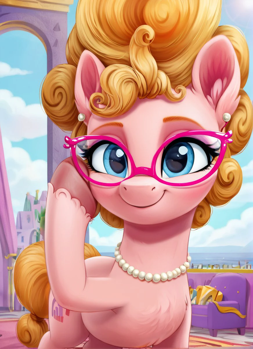 , score_9, score_8_up, score_7_up, score_6_up, score_5_up, score_4_up, rating_safe,  <lora:Phyllis Cloverleaf:1> Phyllis Cloverleaf, glasses,
((cute, little, fuzzy pony, fur)), (high quality, detailed, beautiful), shiny, adorable face, detailed beautiful eyes, diadema, sunlight, realistic, outstanding, countershading, detailed soft lighting, ear fluff, hoof on face, cinematic vintage photography
<lora:Wholesome_MLP-v1.2:1> <lora:mlp_g5 (1):1>