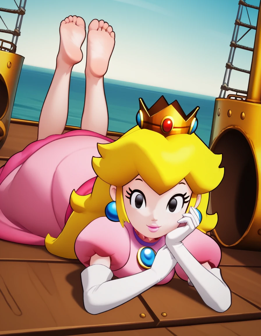 score_9, score_8_up, score_7_up, source_anime, <lora:princess-peach-brothership-ponyxl-lora-nochekaiser:1>, princess peach, blonde hair, black eyes, long hair,, crown, dress, gem, gloves, pink dress, puffy short sleeves, puffy sleeves, short sleeves, white gloves,, shipyard, boats, construction, metal, workers, smile, <lora:the-pose-ponyxl-lora-nochekaiser:1>, the pose, on stomach, feet up, lying, soles, feet, legs up, head rest, barefoot, looking at viewer, solo,, dutch angle, cowboy shot