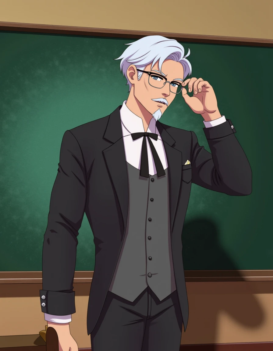 colonel-sanders, he is standing in a classroom next to a chalkboard, adjusting his eyeglasses  <lora:colonel-sanders_000003800:0.8>