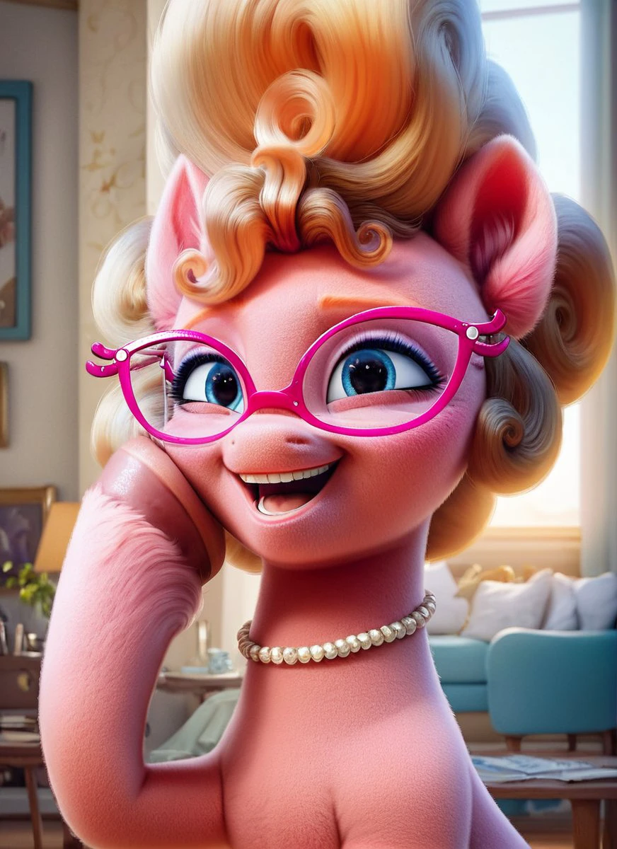 , score_9, score_8_up, score_7_up, score_6_up, score_5_up, score_4_up, rating_safe,  <lora:Phyllis Cloverleaf:1> Phyllis Cloverleaf, glasses,
((cute, little, fuzzy pony, fur)), (high quality, detailed, beautiful), shiny, adorable face, detailed beautiful eyes, diadema, sunlight, realistic, outstanding, countershading, detailed soft lighting, ear fluff, hoof on face, cinematic vintage photography