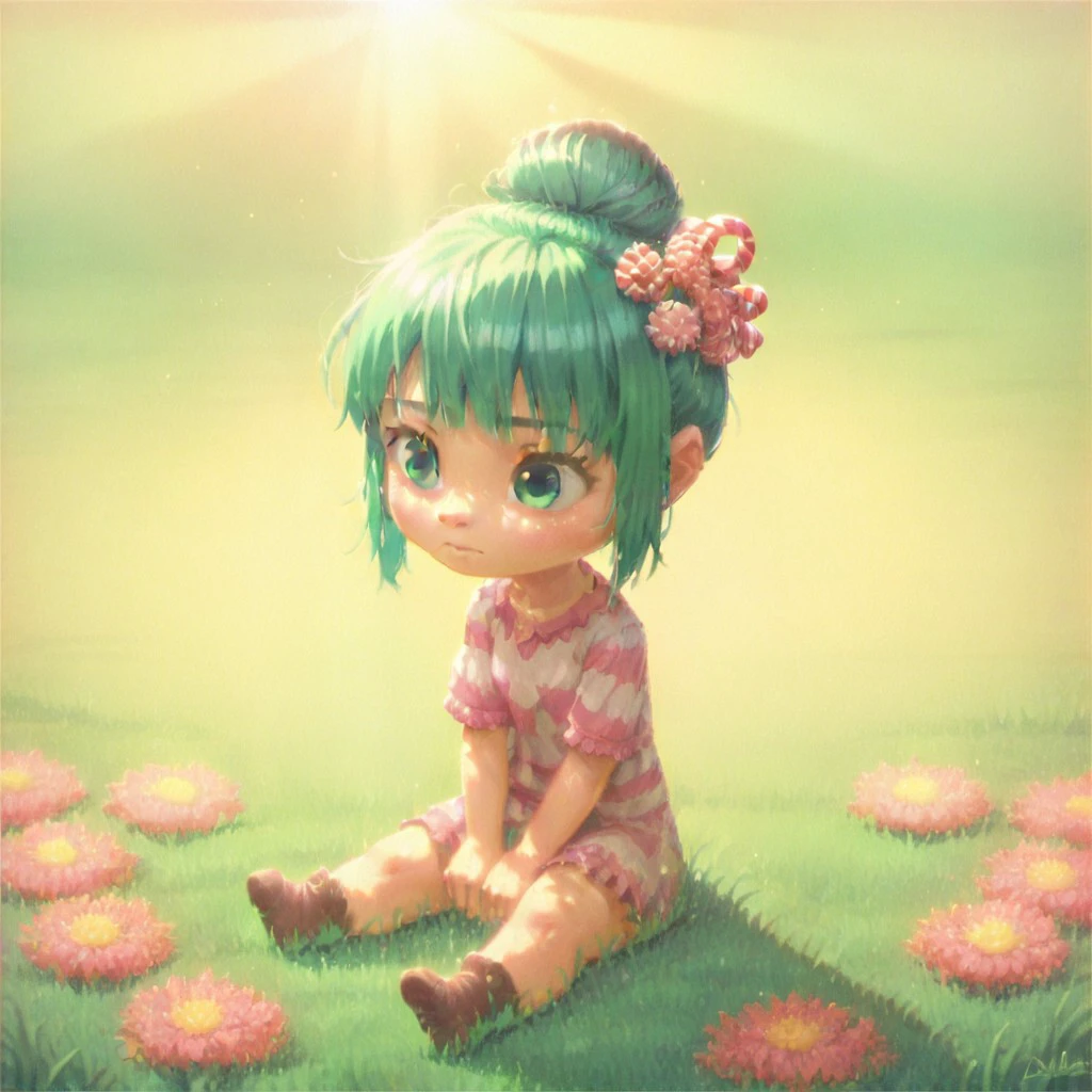 score_9, score_8, score_7, break, solo,minty_s, 1girl, green hair, single hair bun, hair ornament, green eyes, sitting, grass, flowers, natural lighting, sunlight, shadows