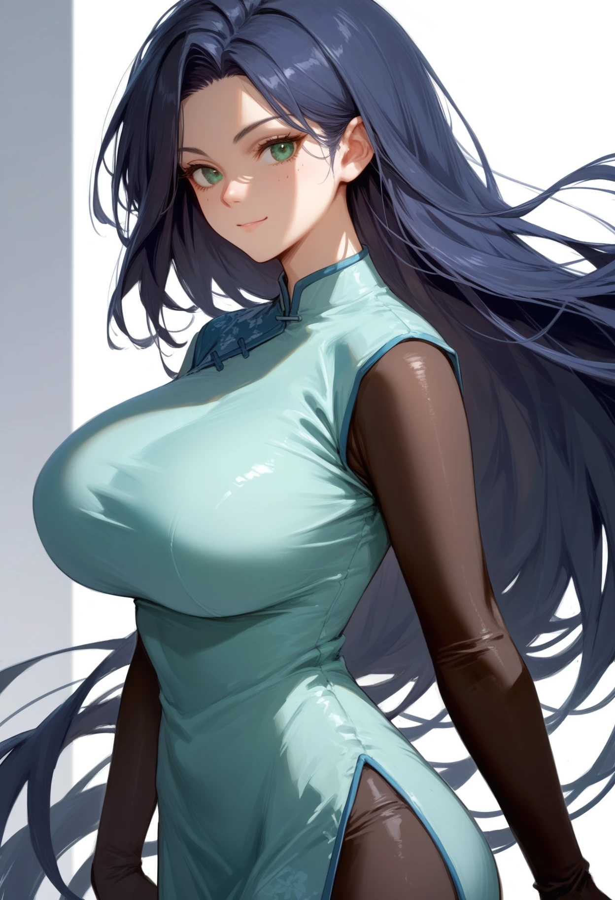 score_9,score_8_up,score_7_up,source_anime,
meihuashisan,1girl,very long hair,green eyes,huge breasts,china dress,bodysuit, cowboy shot, light smile, from side, looking at viewer, 