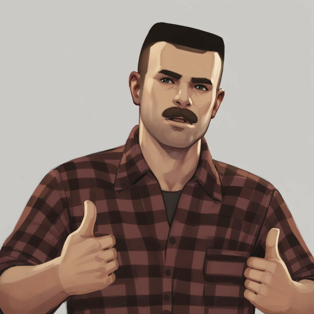 Score_7_up, score_8_up, upper body, male focus, 
BREAK,
DMadsen, buzzcut, mustache, plaid shirt, (thumbs up),  simple background,