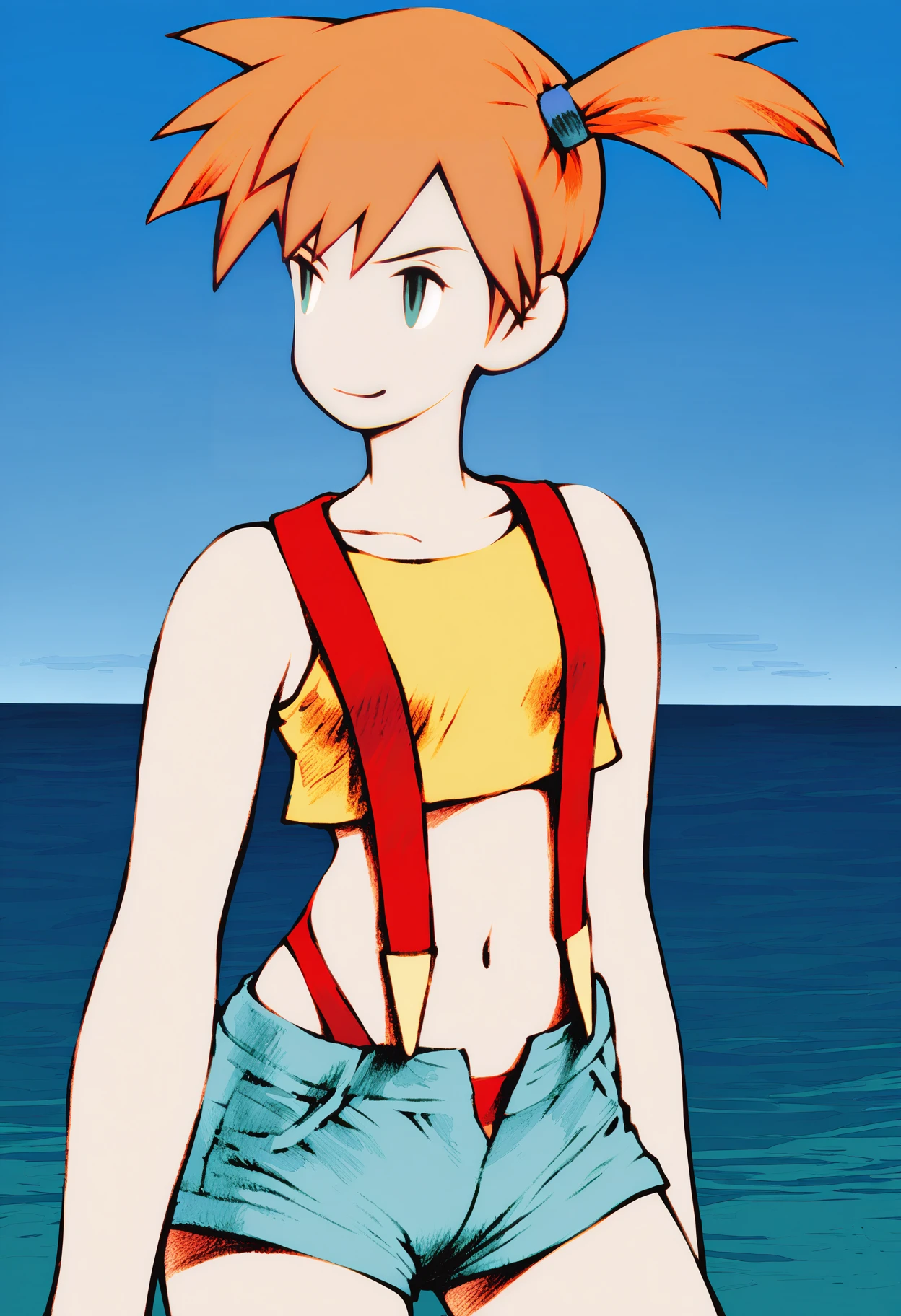 best quality, amazing quality, very aesthetic, absurdres, yoshida akihiko, BREAK
1girl, misty \(pokemon\), orange hair, blue eyes, side ponytail, yellow crop top, short shorts, thong, red suspenders, looking at viewer, smirk, standing BREAK
smirk, wave, sea, blue sky, ocean, <lora:AkihikoYoshidaNoobLocon_byKonan:1>