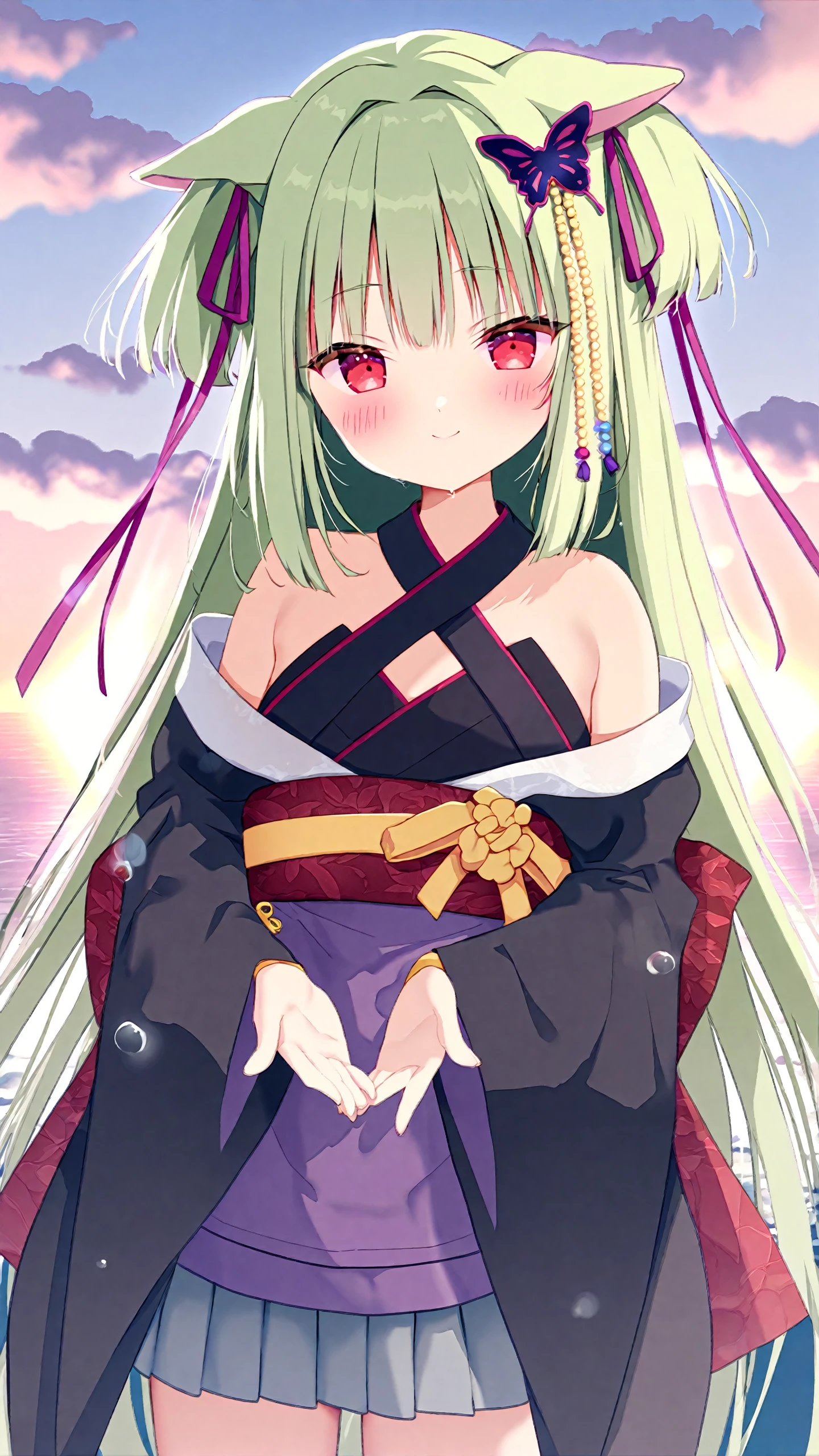 Shiratama style,Shiratama score 9,Shiratama score 8 up,1girl,murasame \(senren\),animal ears,solo,water,sky,cloud,bubble,water drop,smile,blush,bangs,bare shoulders,butterfly hair ornament,green hair,ribbon,black kimono,black pleated skirt,(japanese clothes:0.5),(kimono:0.5),long hair,obi,red eyes,sash,two side up,long sleeves,wide sleeves,ocean,day,<lora:murasame-000018:0.8>,lispict,32k,absurdres,masterpiece,best quality,highly detailed,. gorgeous,key visual,studio anime,award-winning,professional,highly detailed,high budget,cinemascope,ray tracing,source anime,<lora:lighting Slider_alpha1.0_rank4_noxattn_last:-0.5>,<lora:pony_outline_lbw_5x:-0.5>,