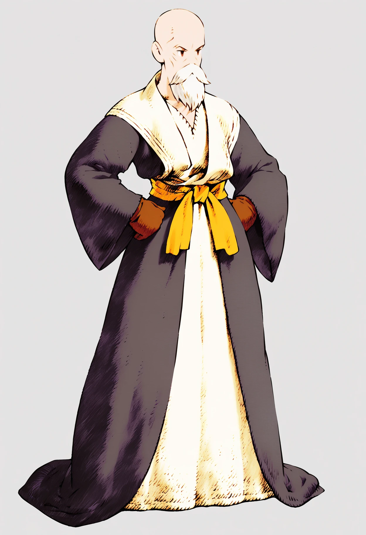 best quality, amazing quality, very aesthetic, absurdres, yoshida akihiko, BREAK
1boy, robe, white beard, gloves, mustache, sash, bald, old man, wide sleeves, long sleeves, hands on hips,
full body, solo, standing, white background, simple background, <lora:AkihikoYoshidaNoobLocon_byKonan:1>