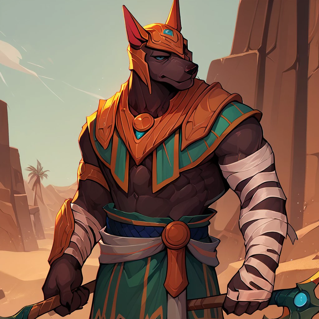 Score_9, score_8_up, score_7_up,  score_6_up, desert background, Nasus, solo, 1boy, helmet, bandages, axe, holding axe, gauntlets, loincloth, bara,  <lora:Nasus-000019:1.0>